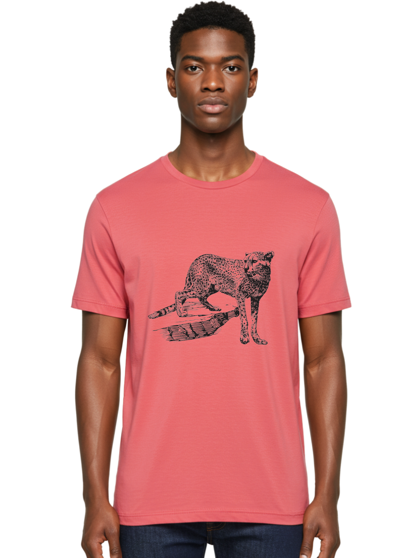 Cat-On-Log Men'S Graphic Tee, 100% Cotton, Comfortable Casual Summer Wear, Machine Washable, Cat On A Branch, Feline Animal, Wildlife Illustration, Shaded Artwork, Cat'S Posture, Serene Moment, Tree Branch, Sketch Art Aad864