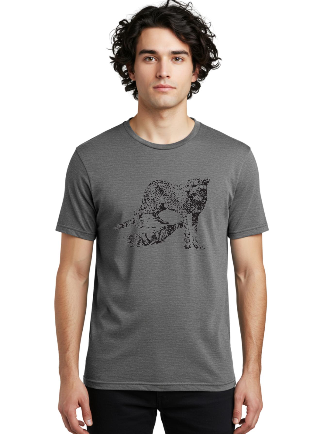 Cat-On-Log Men'S Graphic Tee, 100% Cotton, Comfortable Casual Summer Wear, Machine Washable, Cat On A Branch, Feline Animal, Wildlife Illustration, Shaded Artwork, Cat'S Posture, Serene Moment, Tree Branch, Sketch Art Aad864