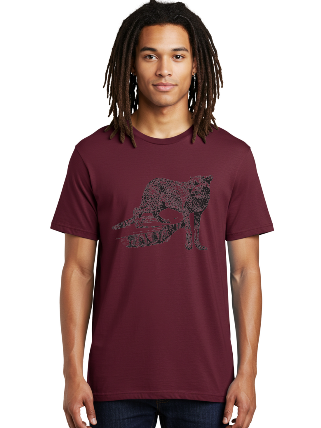 Cat-On-Log Men'S Graphic Tee, 100% Cotton, Comfortable Casual Summer Wear, Machine Washable, Cat On A Branch, Feline Animal, Wildlife Illustration, Shaded Artwork, Cat'S Posture, Serene Moment, Tree Branch, Sketch Art Aad864