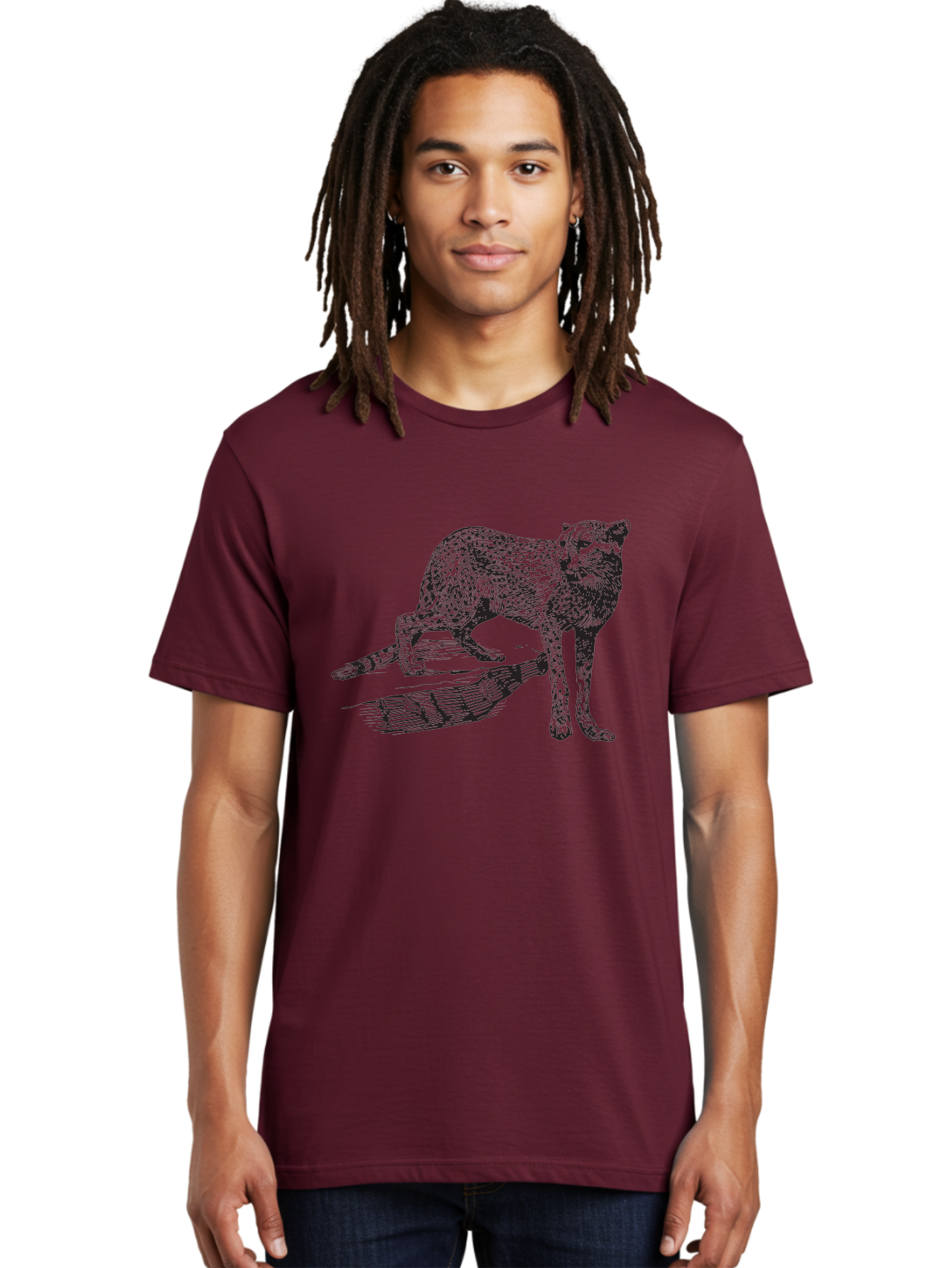 Cat-On-Log Men'S Graphic Tee, 100% Cotton, Comfortable Casual Summer Wear, Machine Washable, Cat On A Branch, Feline Animal, Wildlife Illustration, Shaded Artwork, Cat'S Posture, Serene Moment, Tree Branch, Sketch Art Aad864