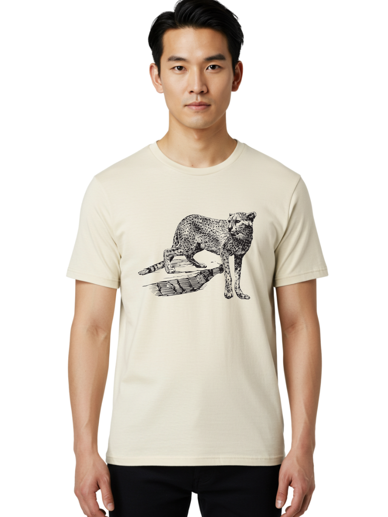 Cat-On-Log Men'S Graphic Tee, 100% Cotton, Comfortable Casual Summer Wear, Machine Washable, Cat On A Branch, Feline Animal, Wildlife Illustration, Shaded Artwork, Cat'S Posture, Serene Moment, Tree Branch, Sketch Art Aad864