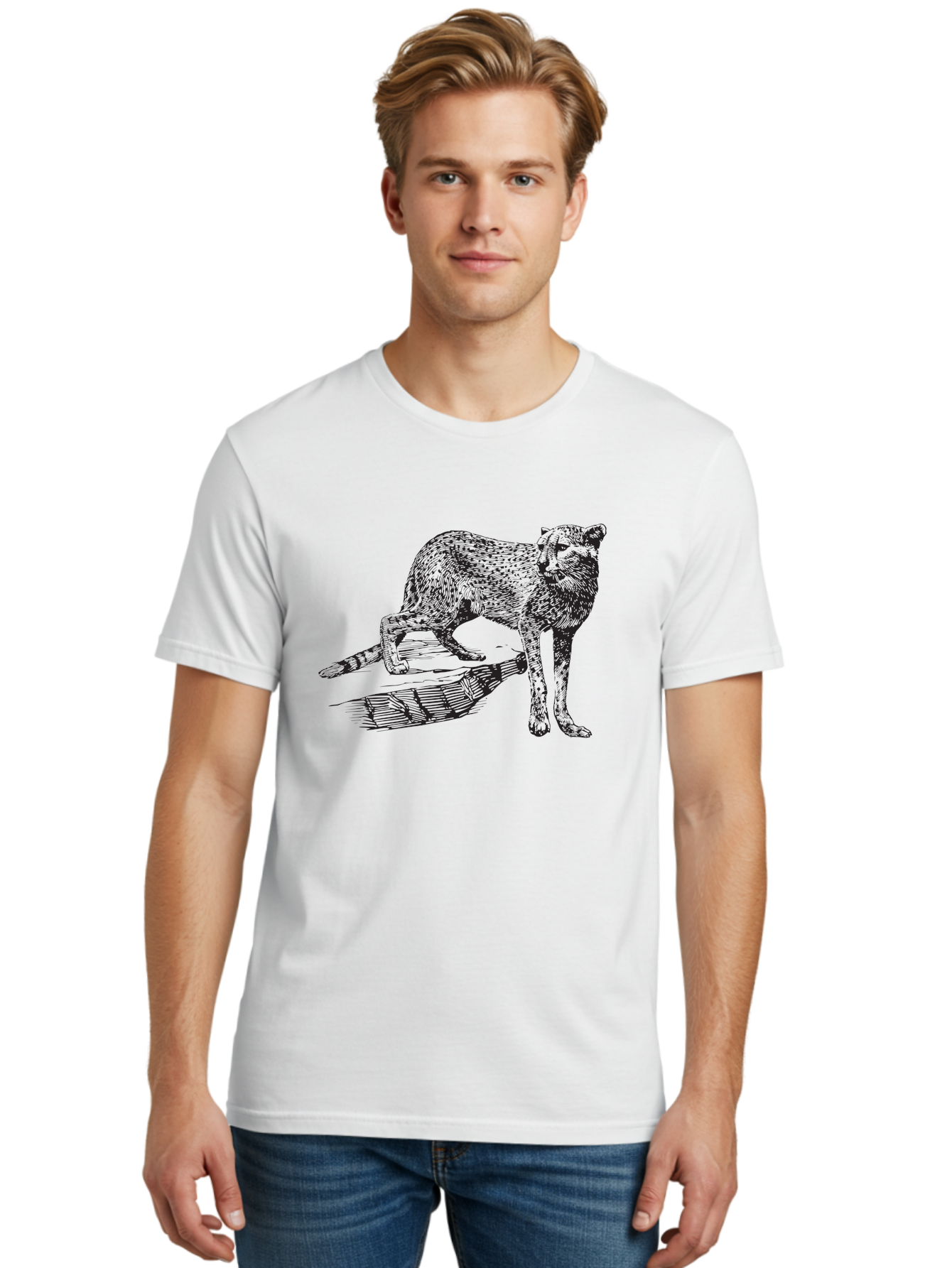 Cat-On-Log Men'S Graphic Tee, 100% Cotton, Comfortable Casual Summer Wear, Machine Washable, Cat On A Branch, Feline Animal, Wildlife Illustration, Shaded Artwork, Cat'S Posture, Serene Moment, Tree Branch, Sketch Art Aad864