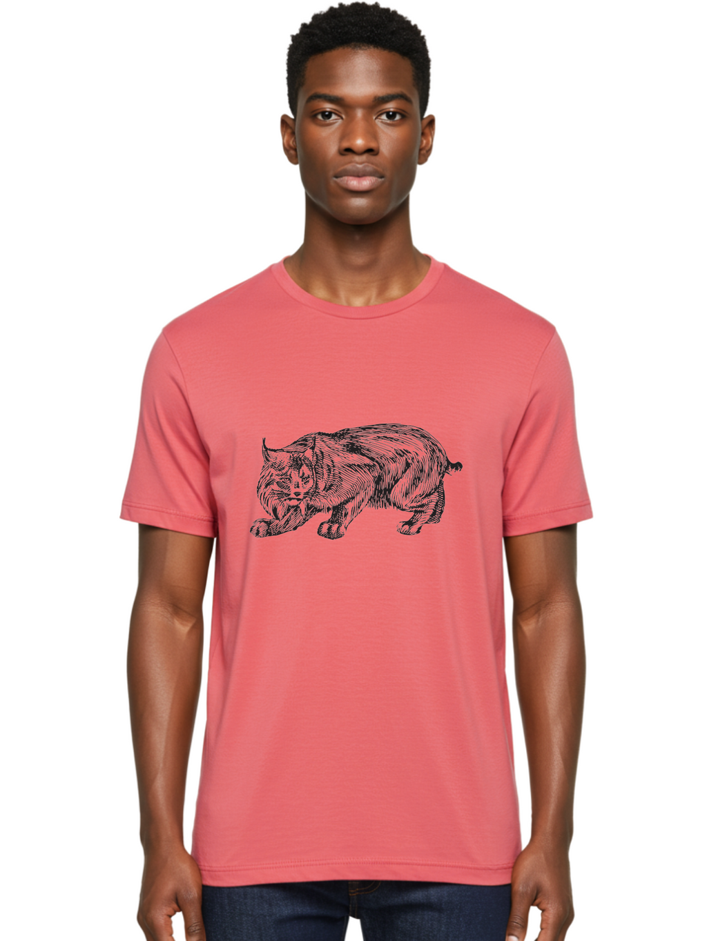 Cat Men'S Graphic Tee, 100% Cotton, Comfortable Casual Summer Wear, Machine Washable, Aggressive Cat, Stalking Stance, Feline Predator, Sharp Claws, Furry Texture, Menacing Posture, Animal Illustration, Black Line Art, Detailed Shading Aad866