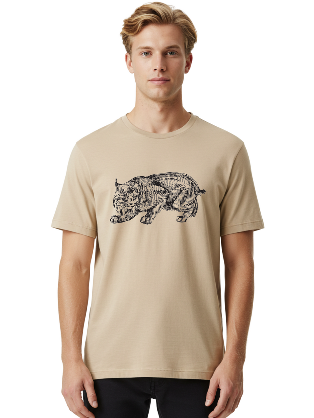 Cat Men'S Graphic Tee, 100% Cotton, Comfortable Casual Summer Wear, Machine Washable, Aggressive Cat, Stalking Stance, Feline Predator, Sharp Claws, Furry Texture, Menacing Posture, Animal Illustration, Black Line Art, Detailed Shading Aad866