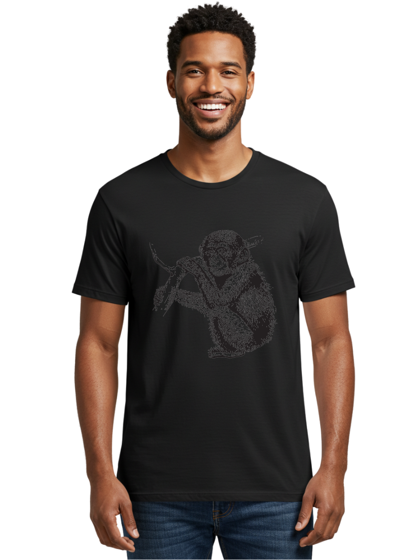 Chimpanzee Men'S Graphic Tee, 100% Cotton, Comfortable Casual Summer Wear, Machine Washable, Chimpanzee Hanging From Branch, Primate Artwork, Monkey Illustration, Wildlife Graphic, Animal Drawing, Edll Art Aad867