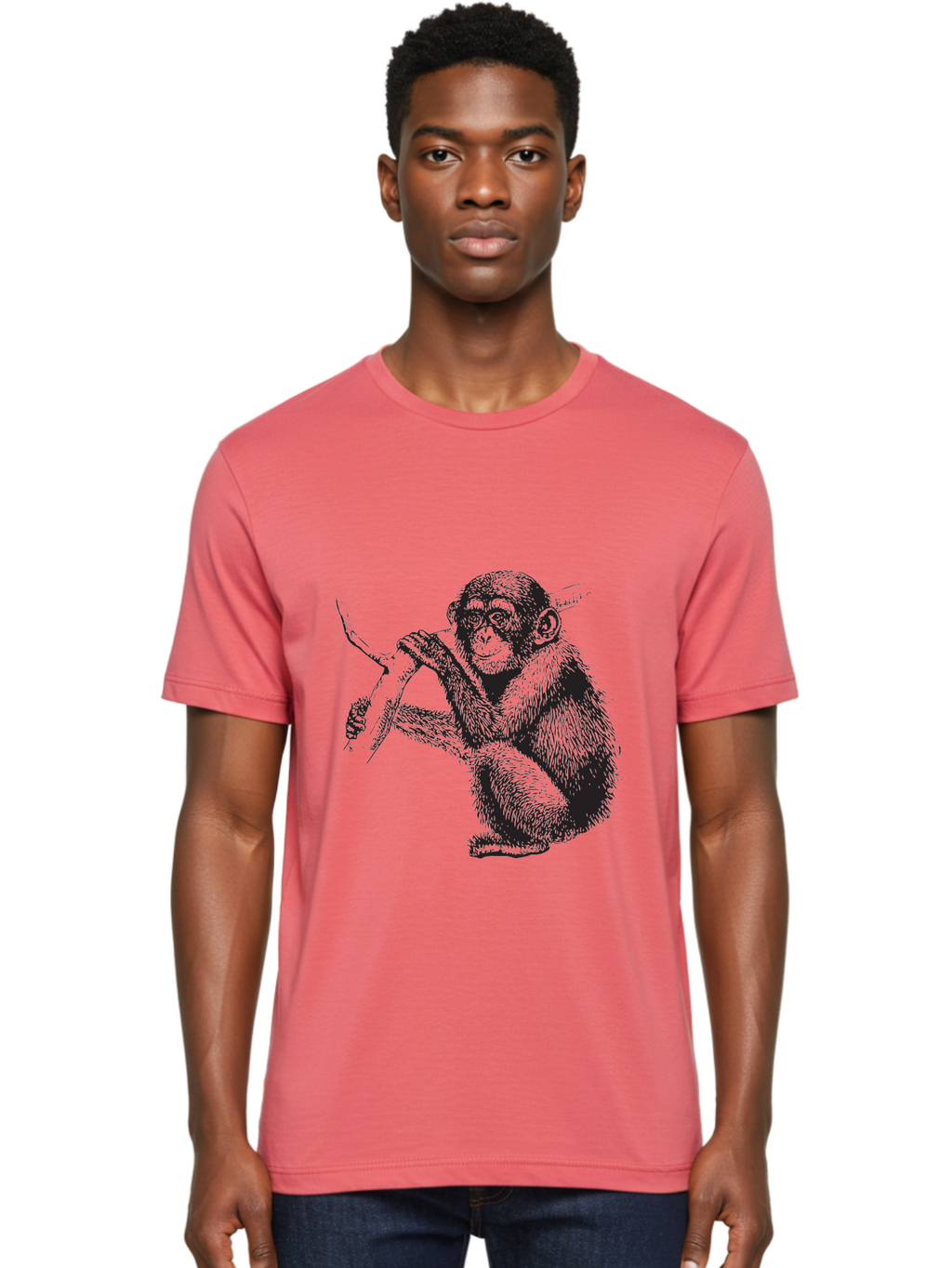 Chimpanzee Men'S Graphic Tee, 100% Cotton, Comfortable Casual Summer Wear, Machine Washable, Chimpanzee Hanging From Branch, Primate Artwork, Monkey Illustration, Wildlife Graphic, Animal Drawing, Edll Art Aad867