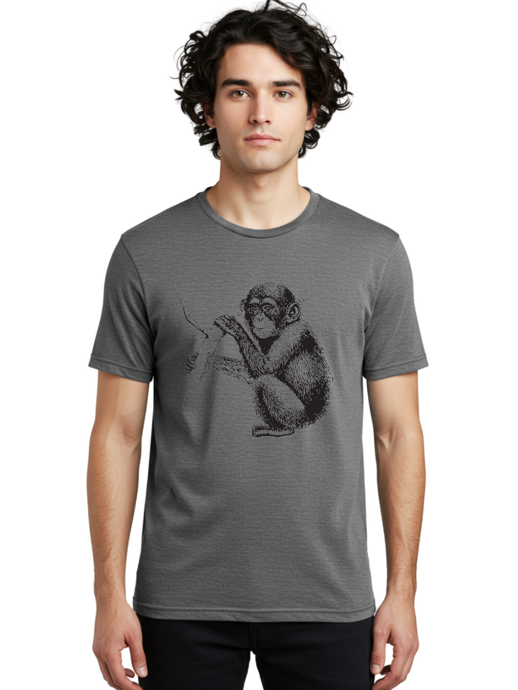 Chimpanzee Men'S Graphic Tee, 100% Cotton, Comfortable Casual Summer Wear, Machine Washable, Chimpanzee Hanging From Branch, Primate Artwork, Monkey Illustration, Wildlife Graphic, Animal Drawing, Edll Art Aad867