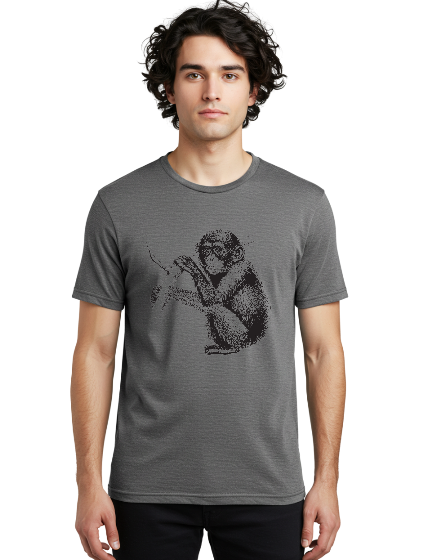 Chimpanzee Men'S Graphic Tee, 100% Cotton, Comfortable Casual Summer Wear, Machine Washable, Chimpanzee Hanging From Branch, Primate Artwork, Monkey Illustration, Wildlife Graphic, Animal Drawing, Edll Art Aad867