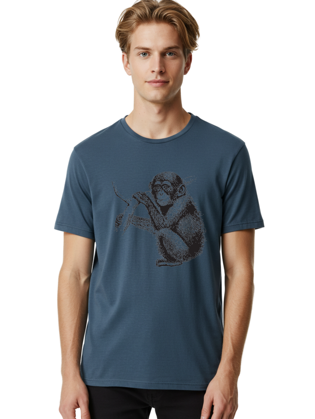 Chimpanzee Men'S Graphic Tee, 100% Cotton, Comfortable Casual Summer Wear, Machine Washable, Chimpanzee Hanging From Branch, Primate Artwork, Monkey Illustration, Wildlife Graphic, Animal Drawing, Edll Art Aad867
