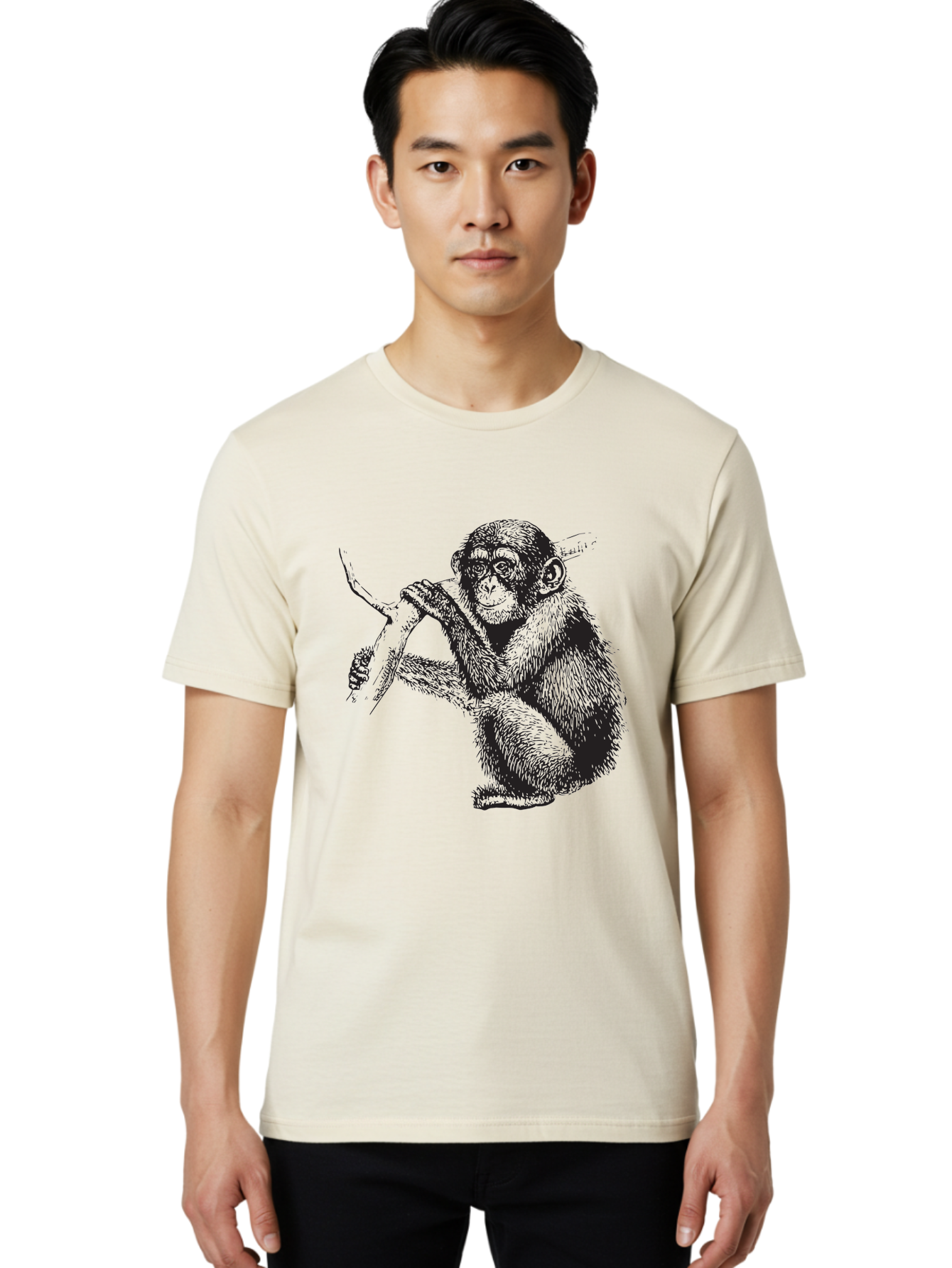 Chimpanzee Men'S Graphic Tee, 100% Cotton, Comfortable Casual Summer Wear, Machine Washable, Chimpanzee Hanging From Branch, Primate Artwork, Monkey Illustration, Wildlife Graphic, Animal Drawing, Edll Art Aad867