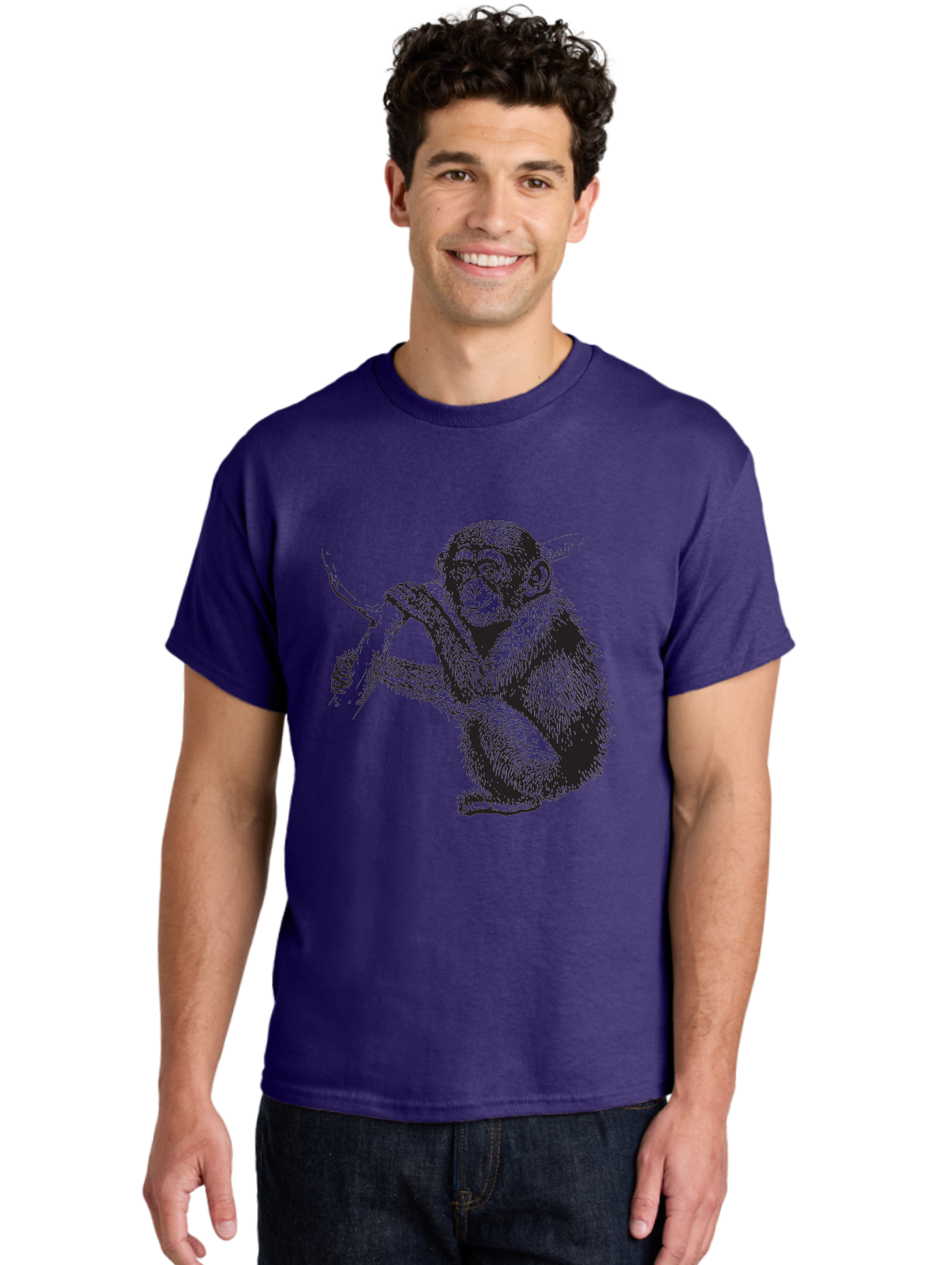 Chimpanzee Men'S Graphic Tee, 100% Cotton, Comfortable Casual Summer Wear, Machine Washable, Chimpanzee Hanging From Branch, Primate Artwork, Monkey Illustration, Wildlife Graphic, Animal Drawing, Edll Art Aad867