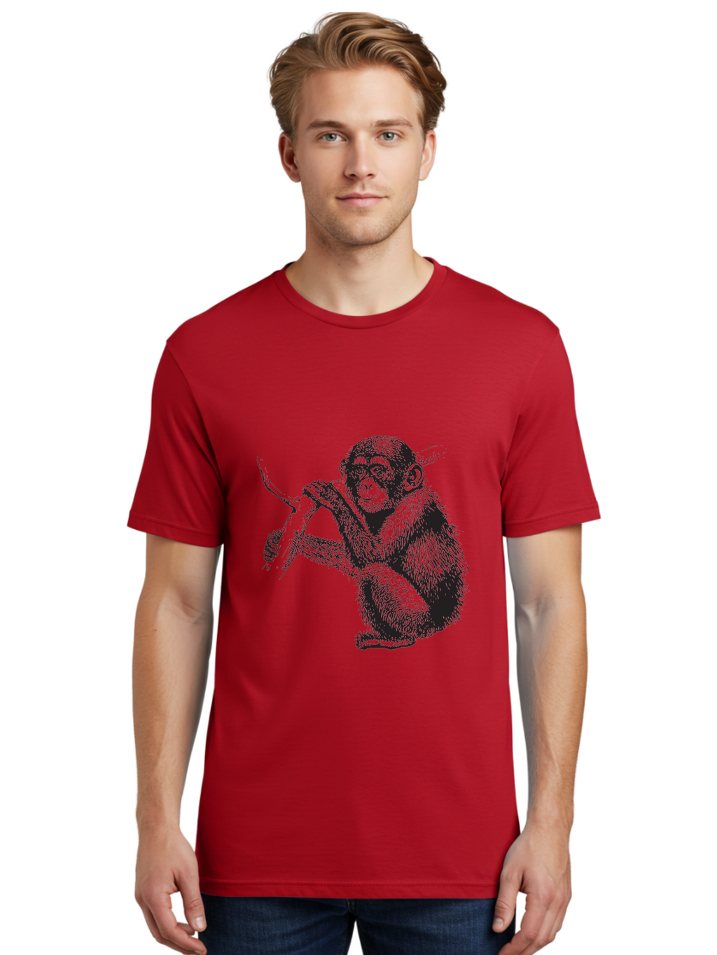 Chimpanzee Men'S Graphic Tee, 100% Cotton, Comfortable Casual Summer Wear, Machine Washable, Chimpanzee Hanging From Branch, Primate Artwork, Monkey Illustration, Wildlife Graphic, Animal Drawing, Edll Art Aad867