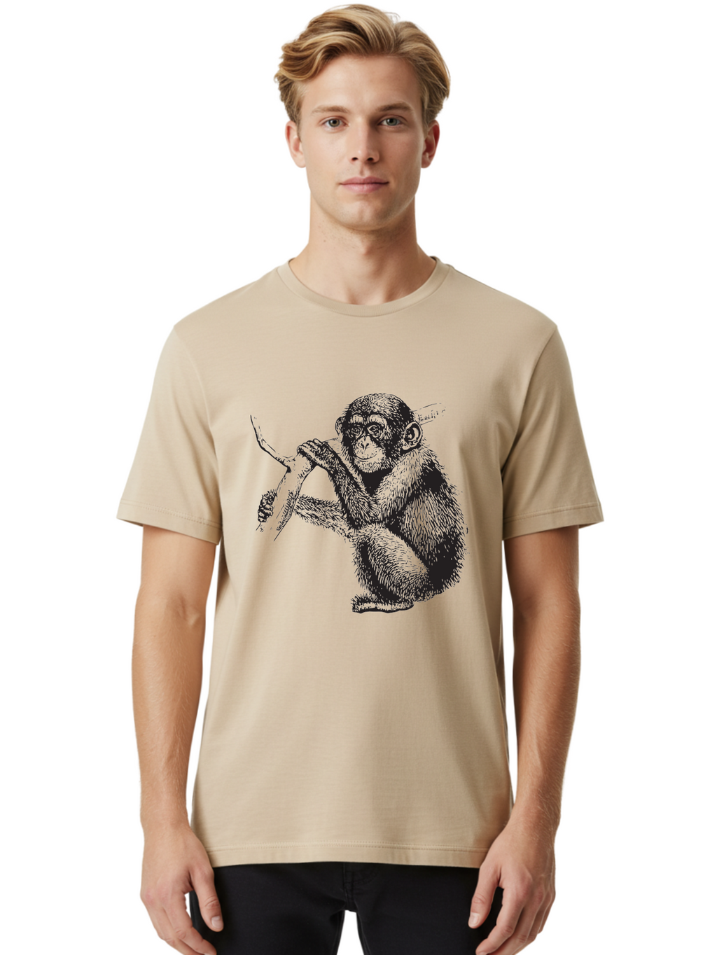 Chimpanzee Men'S Graphic Tee, 100% Cotton, Comfortable Casual Summer Wear, Machine Washable, Chimpanzee Hanging From Branch, Primate Artwork, Monkey Illustration, Wildlife Graphic, Animal Drawing, Edll Art Aad867