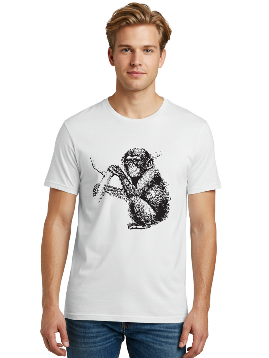 Chimpanzee Men'S Graphic Tee, 100% Cotton, Comfortable Casual Summer Wear, Machine Washable, Chimpanzee Hanging From Branch, Primate Artwork, Monkey Illustration, Wildlife Graphic, Animal Drawing, Edll Art Aad867