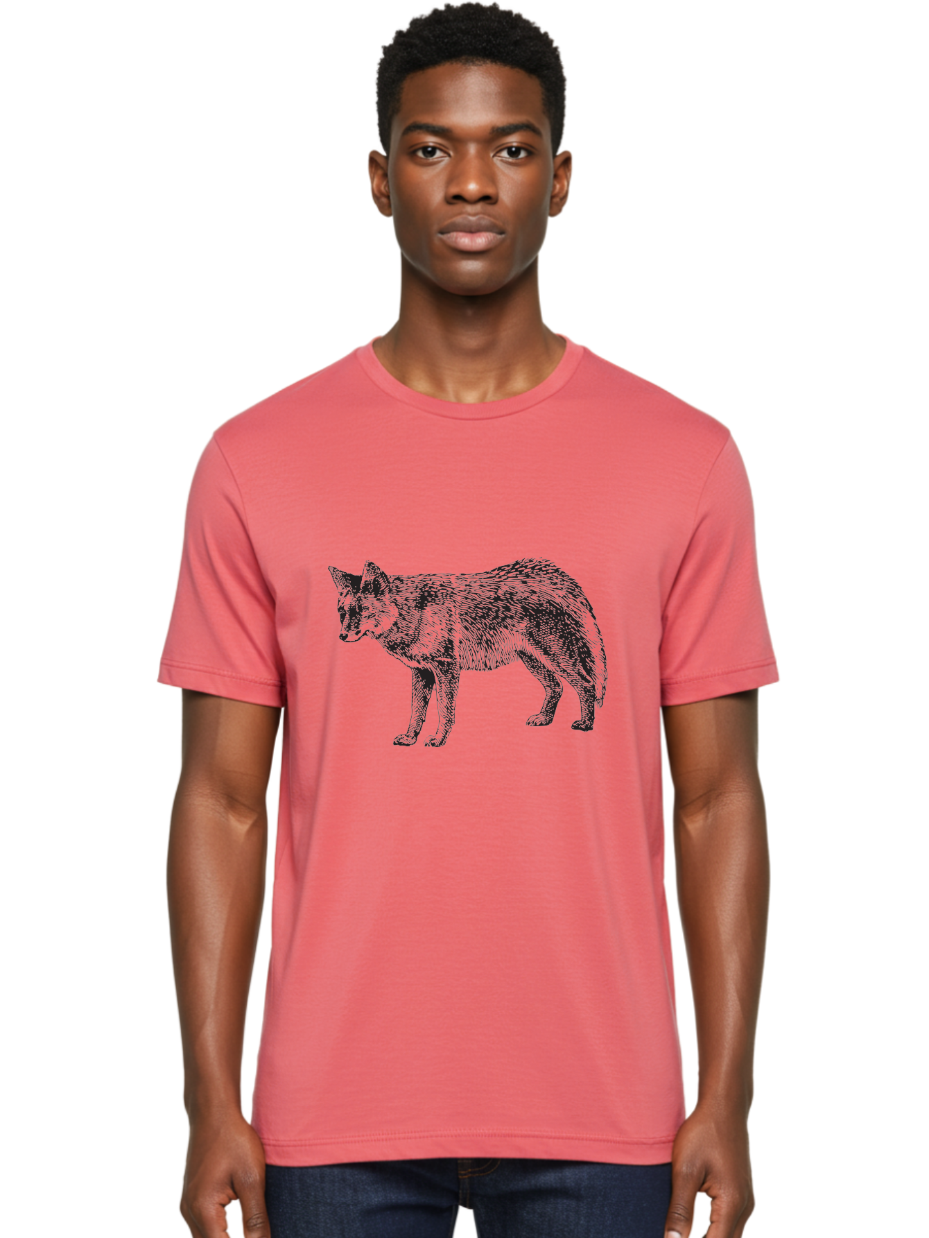 Coyote Men'S Graphic Tee, 100% Cotton, Comfortable Casual Summer Wear, Machine Washable, Coyote Illustration, Wild Animal, Cross-Hatched Shading, Wildlife Art, Monochrome Graphic, Canine Portrait, Forest Creature, Hand-Drawn Design, Aad871
