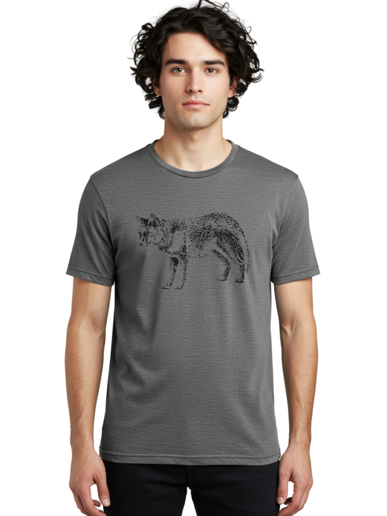 Coyote Men'S Graphic Tee, 100% Cotton, Comfortable Casual Summer Wear, Machine Washable, Coyote Illustration, Wild Animal, Cross-Hatched Shading, Wildlife Art, Monochrome Graphic, Canine Portrait, Forest Creature, Hand-Drawn Design, Aad871