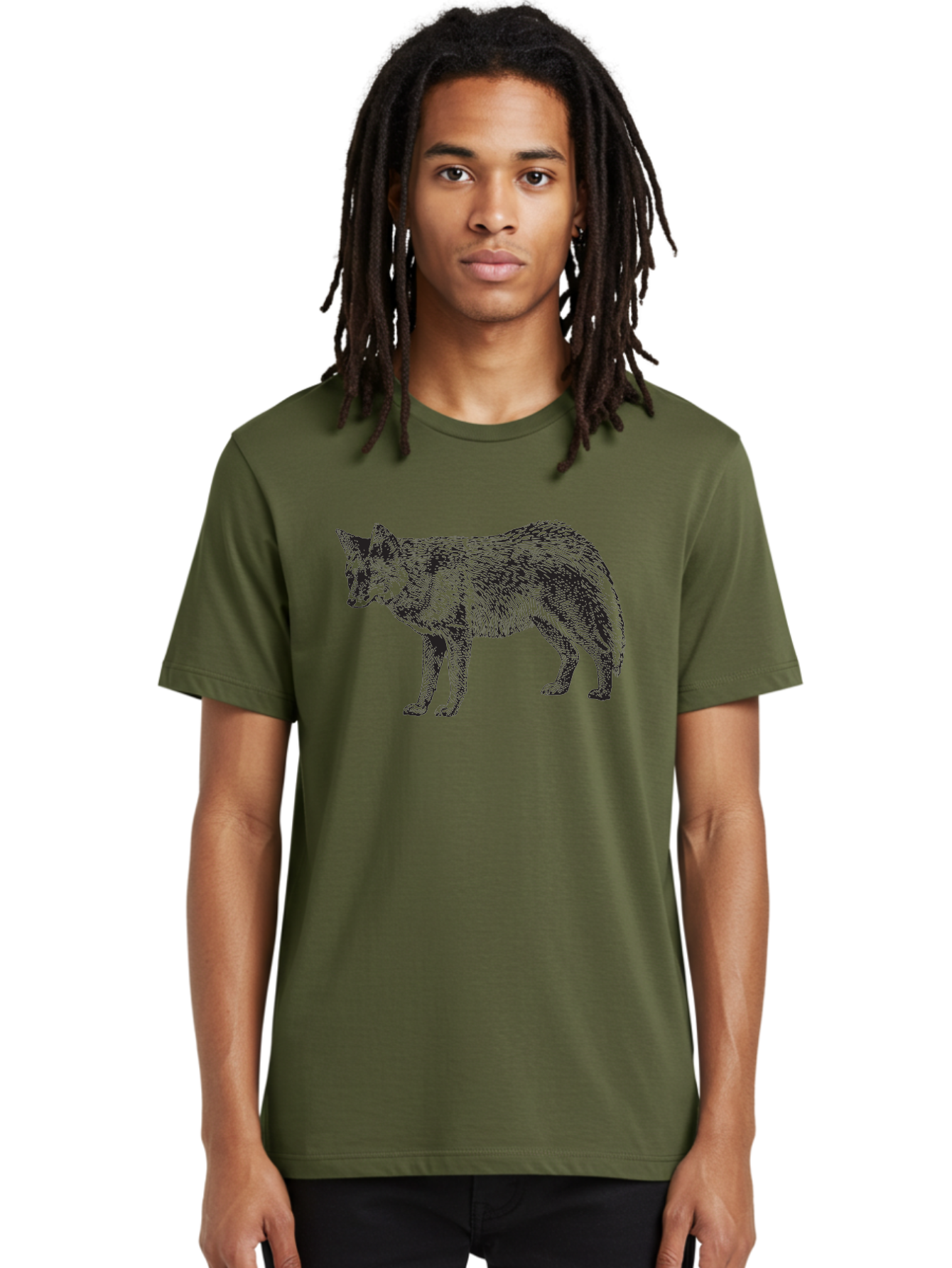 Coyote Men'S Graphic Tee, 100% Cotton, Comfortable Casual Summer Wear, Machine Washable, Coyote Illustration, Wild Animal, Cross-Hatched Shading, Wildlife Art, Monochrome Graphic, Canine Portrait, Forest Creature, Hand-Drawn Design, Aad871
