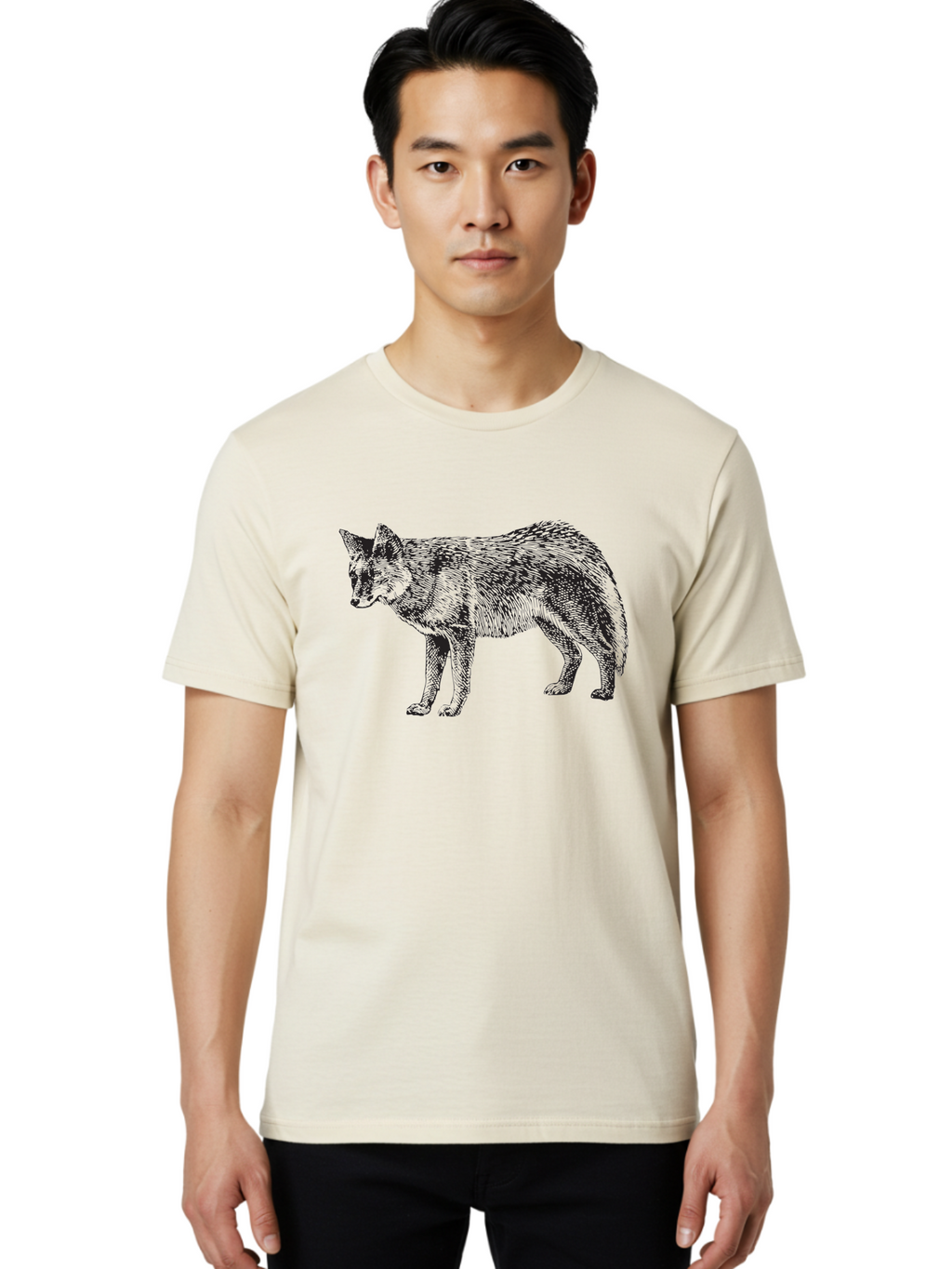 Coyote Men'S Graphic Tee, 100% Cotton, Comfortable Casual Summer Wear, Machine Washable, Coyote Illustration, Wild Animal, Cross-Hatched Shading, Wildlife Art, Monochrome Graphic, Canine Portrait, Forest Creature, Hand-Drawn Design, Aad871