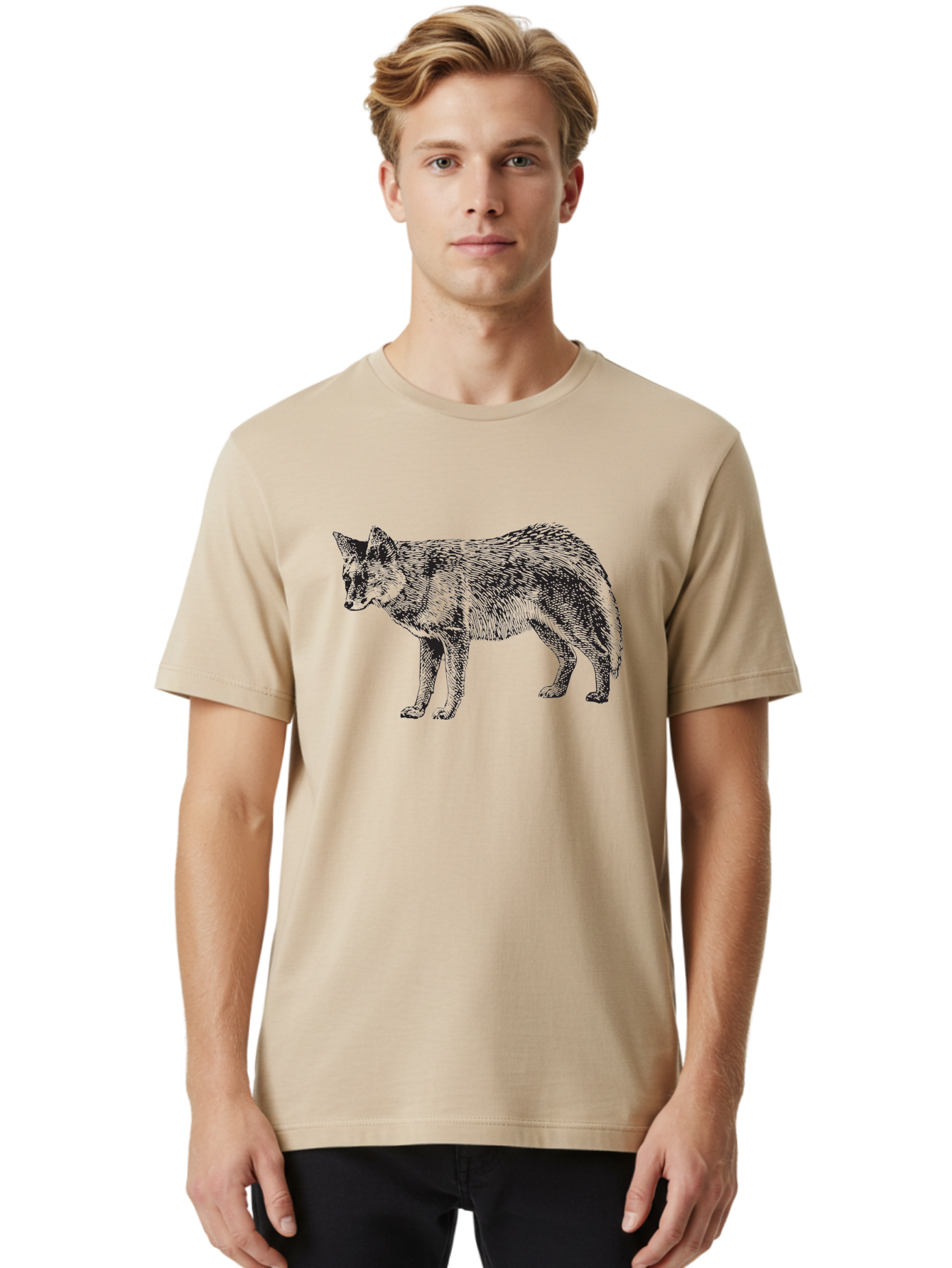 Coyote Men'S Graphic Tee, 100% Cotton, Comfortable Casual Summer Wear, Machine Washable, Coyote Illustration, Wild Animal, Cross-Hatched Shading, Wildlife Art, Monochrome Graphic, Canine Portrait, Forest Creature, Hand-Drawn Design, Aad871