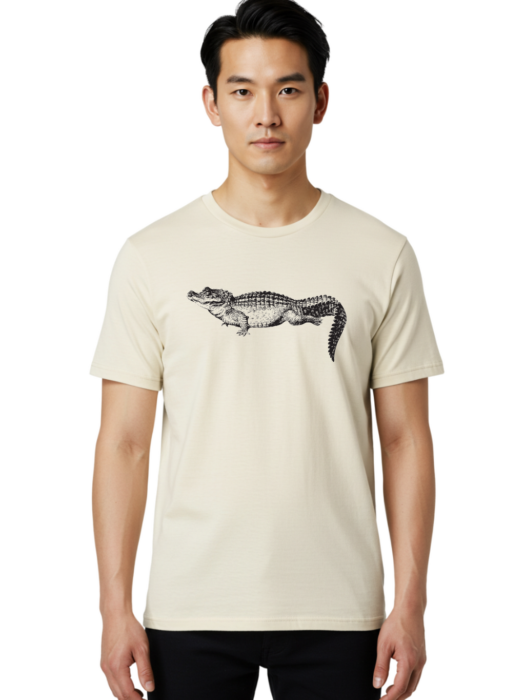 Crocodile-1 Men'S Graphic Tee, 100% Cotton, Comfortable Casual Summer Wear, Machine Washable, Crocodile Illustration, Reptile Art, Wildlife Graphic, Scaly Texture, Sharp Teeth, Ancient Creature, Black And Green, Graphic Design Aad872