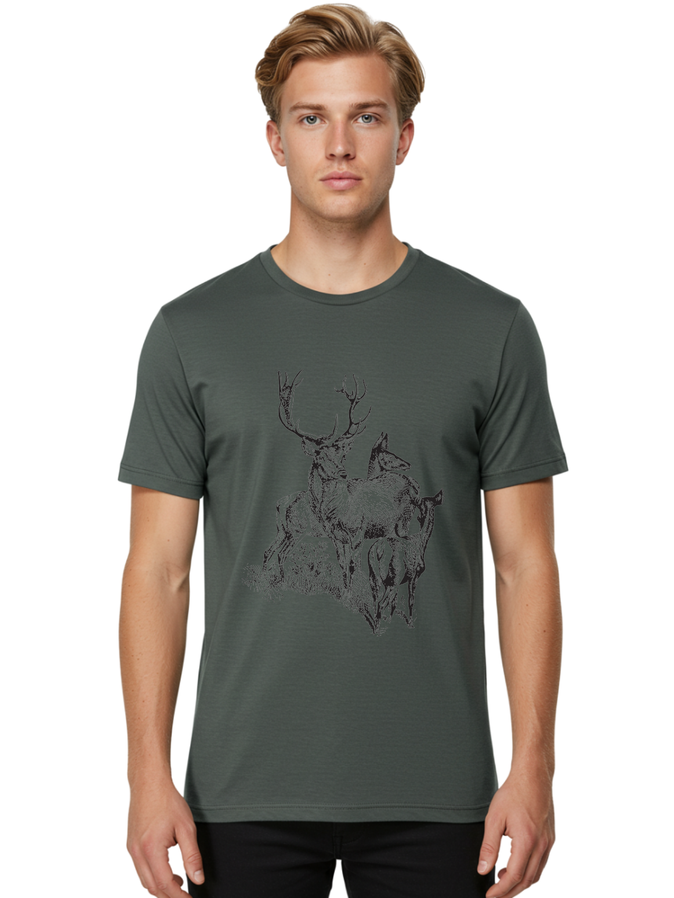 Deer-Family Men'S Graphic Tee, 100% Cotton, Comfortable Casual Summer Wear, Machine Washable, Deer With Antlers, Wildlife Illustration, Forest Animals, Family Of Deer, Majestic Stag, Serene Scene, Natural Habitat, Detailed Drawing, Aad874