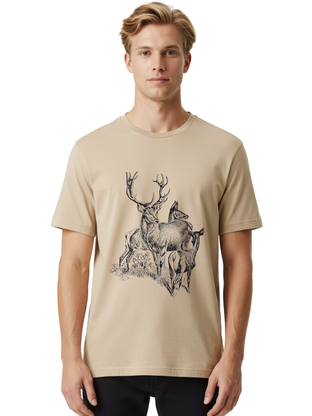 Deer-Family Men'S Graphic Tee, 100% Cotton, Comfortable Casual Summer Wear, Machine Washable, Deer With Antlers, Wildlife Illustration, Forest Animals, Family Of Deer, Majestic Stag, Serene Scene, Natural Habitat, Detailed Drawing, Aad874