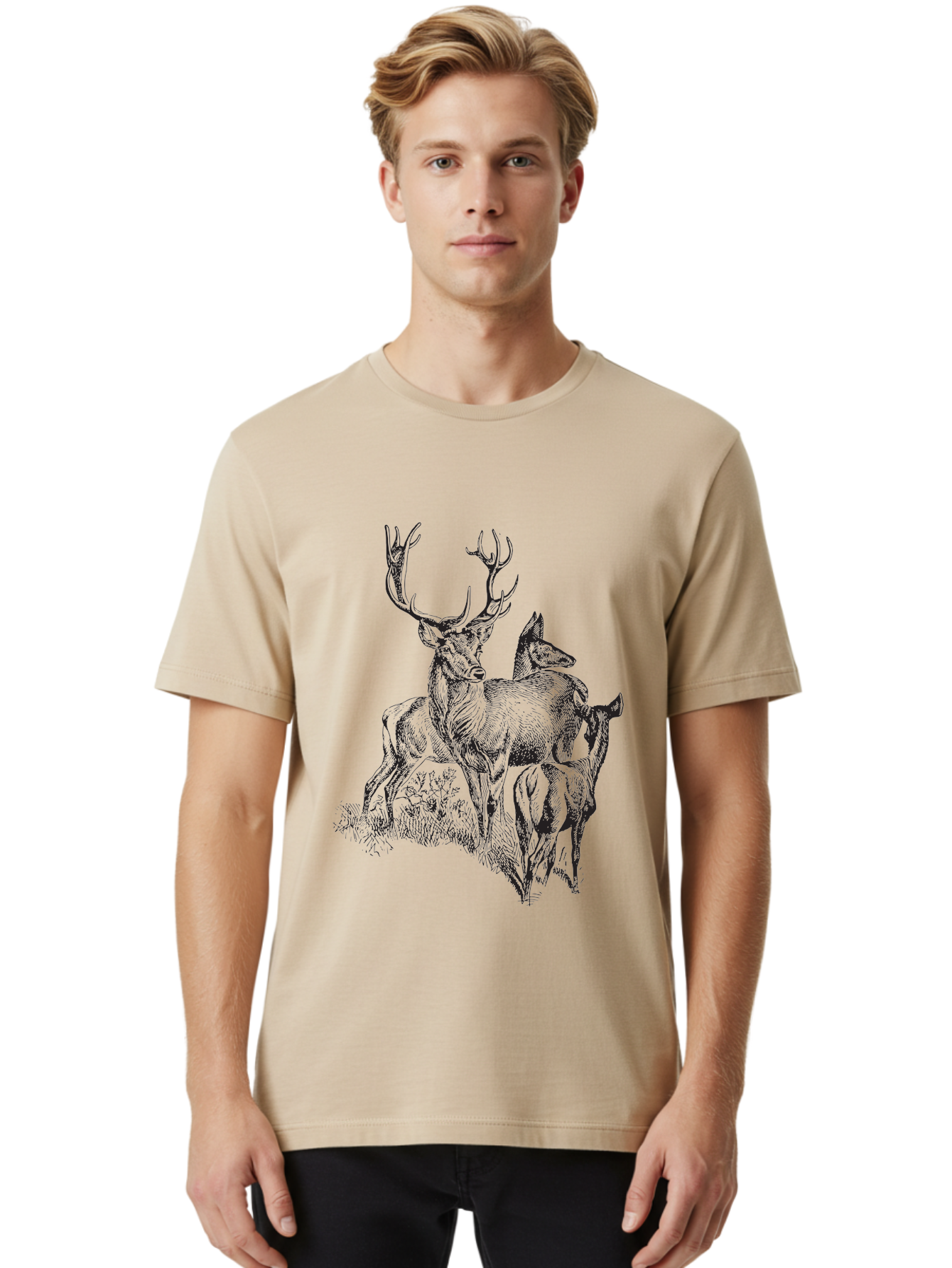 Deer-Family Men'S Graphic Tee, 100% Cotton, Comfortable Casual Summer Wear, Machine Washable, Deer With Antlers, Wildlife Illustration, Forest Animals, Family Of Deer, Majestic Stag, Serene Scene, Natural Habitat, Detailed Drawing, Aad874