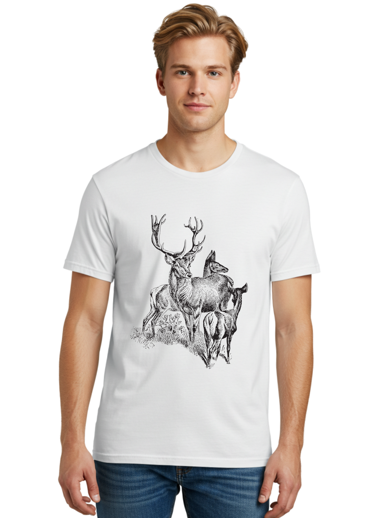 Deer-Family Men'S Graphic Tee, 100% Cotton, Comfortable Casual Summer Wear, Machine Washable, Deer With Antlers, Wildlife Illustration, Forest Animals, Family Of Deer, Majestic Stag, Serene Scene, Natural Habitat, Detailed Drawing, Aad874