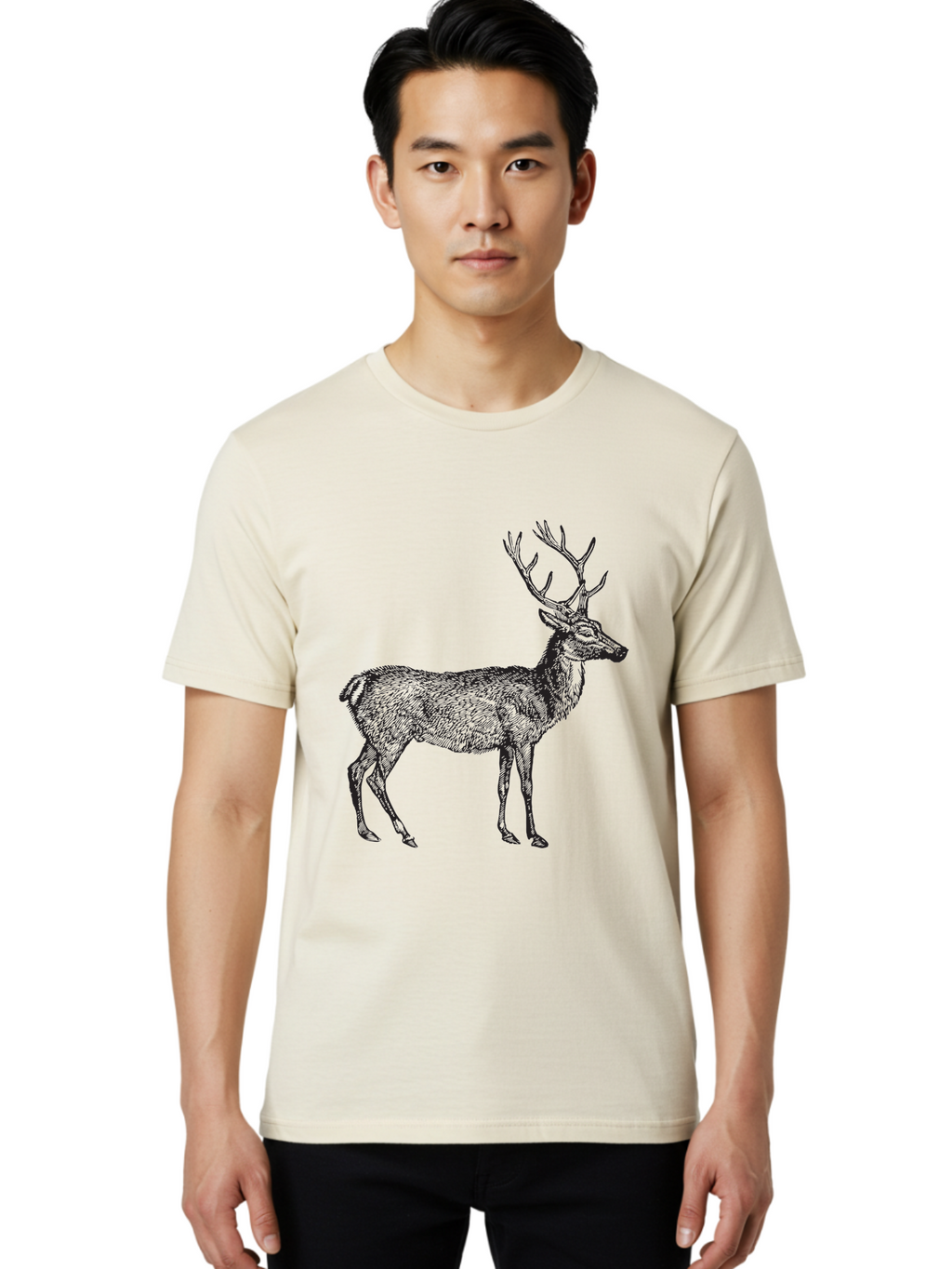 Deer-Illustration Men'S Graphic Tee, 100% Cotton, Comfortable Casual Summer Wear, Machine Washable, Deer With Antlers, Wildlife Illustration, Animal Drawing, Forest Creature, Majestic Animal, Natural World, Wild Deer Aad875