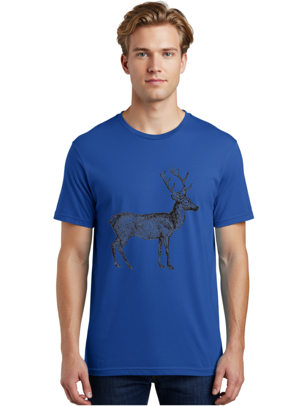 Deer-Illustration Men'S Graphic Tee, 100% Cotton, Comfortable Casual Summer Wear, Machine Washable, Deer With Antlers, Wildlife Illustration, Animal Drawing, Forest Creature, Majestic Animal, Natural World, Wild Deer Aad875