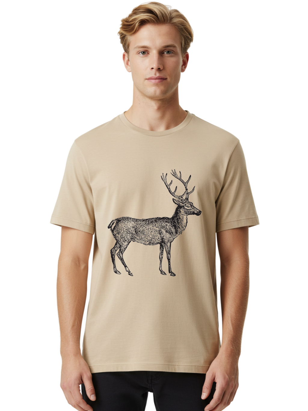 Deer-Illustration Men'S Graphic Tee, 100% Cotton, Comfortable Casual Summer Wear, Machine Washable, Deer With Antlers, Wildlife Illustration, Animal Drawing, Forest Creature, Majestic Animal, Natural World, Wild Deer Aad875