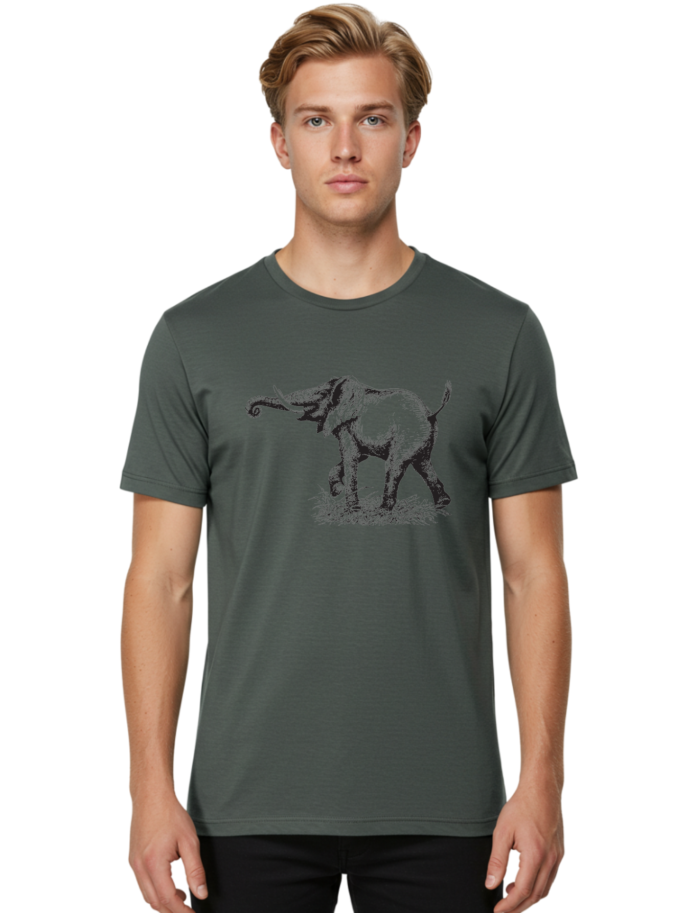 Elephant-1 Men'S Graphic Tee, 100% Cotton, Comfortable Casual Summer Wear, Machine Washable, Elephant Illustration, Vintage Engraving, Wildlife Art, Wild Animal, Elephant Species, Mammal Portrait, Tusker, Trunk Curled, Detailed Drawing, Aad877