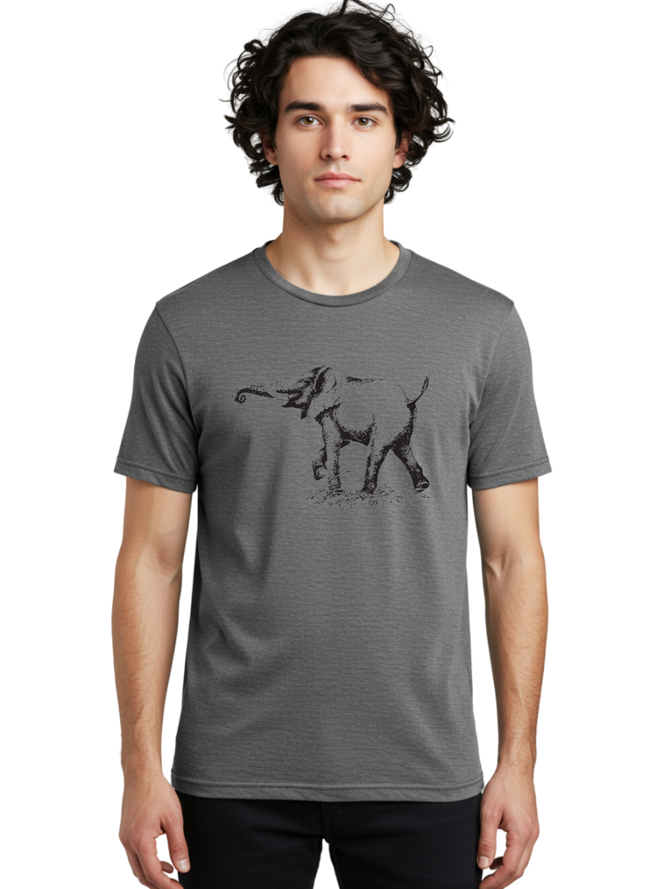 Elephant-1 Men'S Graphic Tee, 100% Cotton, Comfortable Casual Summer Wear, Machine Washable, Elephant Illustration, Vintage Engraving, Wildlife Art, Wild Animal, Elephant Species, Mammal Portrait, Tusker, Trunk Curled, Detailed Drawing, Aad877