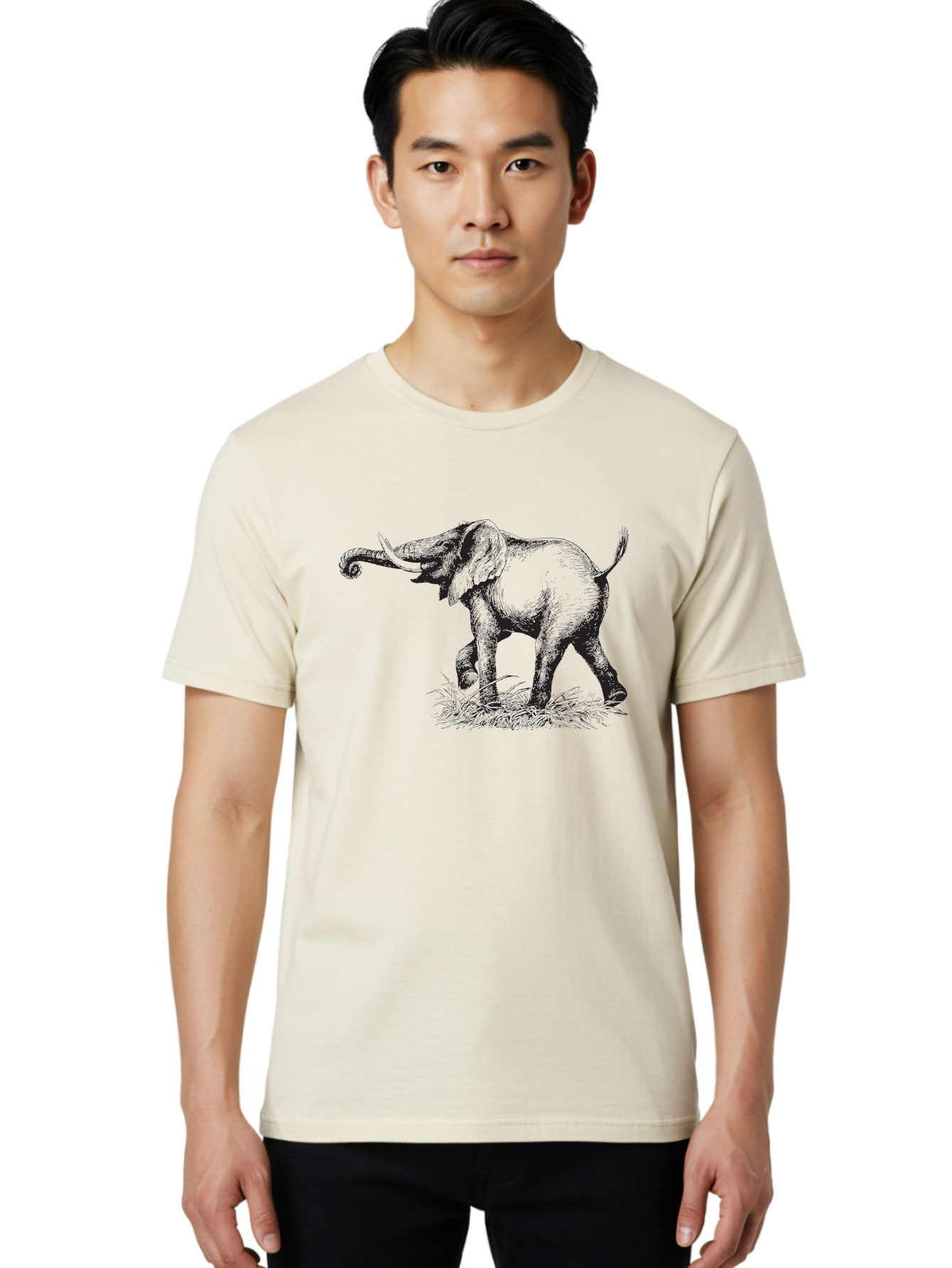 Elephant-1 Men'S Graphic Tee, 100% Cotton, Comfortable Casual Summer Wear, Machine Washable, Elephant Illustration, Vintage Engraving, Wildlife Art, Wild Animal, Elephant Species, Mammal Portrait, Tusker, Trunk Curled, Detailed Drawing, Aad877