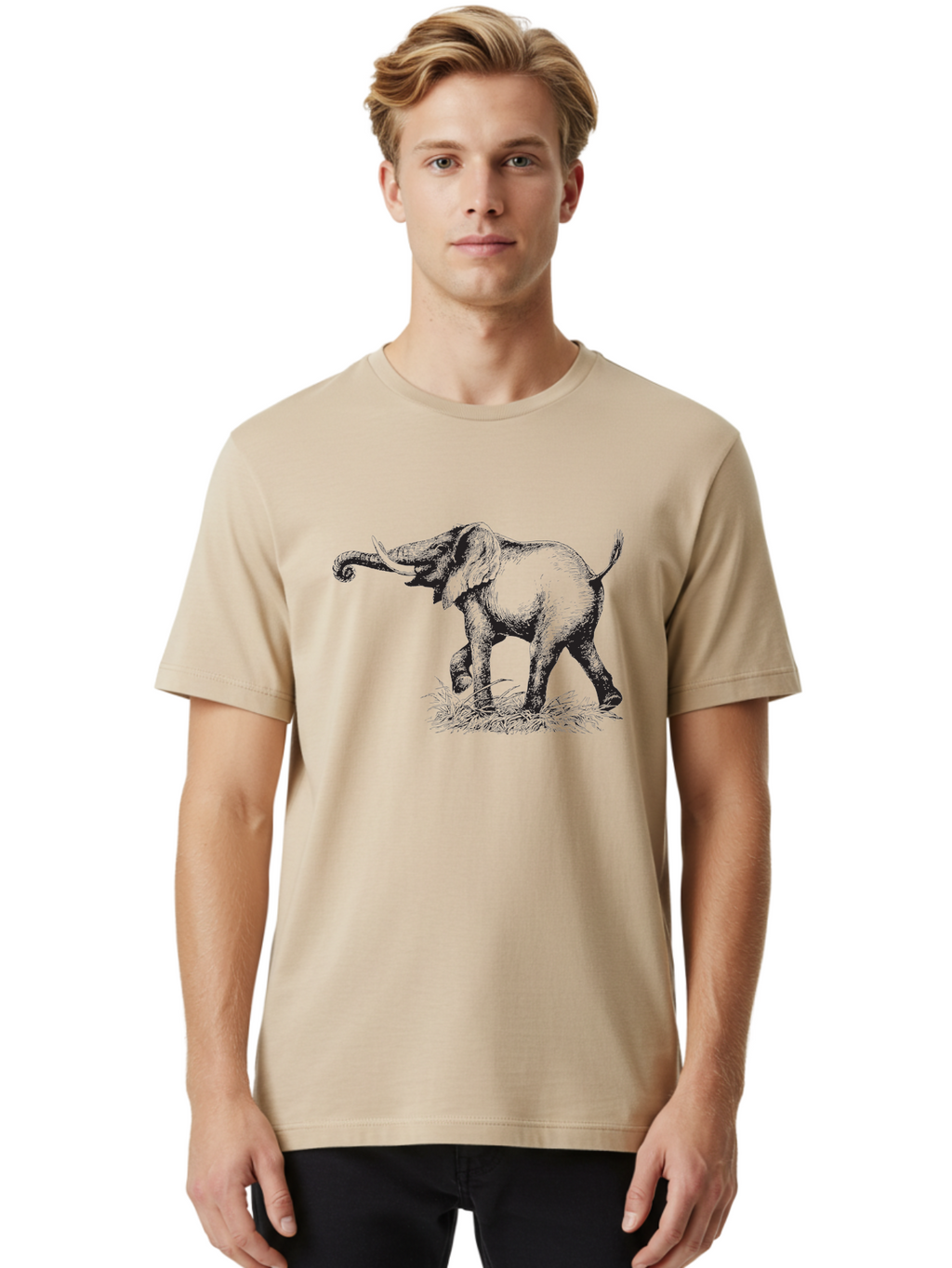 Elephant-1 Men'S Graphic Tee, 100% Cotton, Comfortable Casual Summer Wear, Machine Washable, Elephant Illustration, Vintage Engraving, Wildlife Art, Wild Animal, Elephant Species, Mammal Portrait, Tusker, Trunk Curled, Detailed Drawing, Aad877