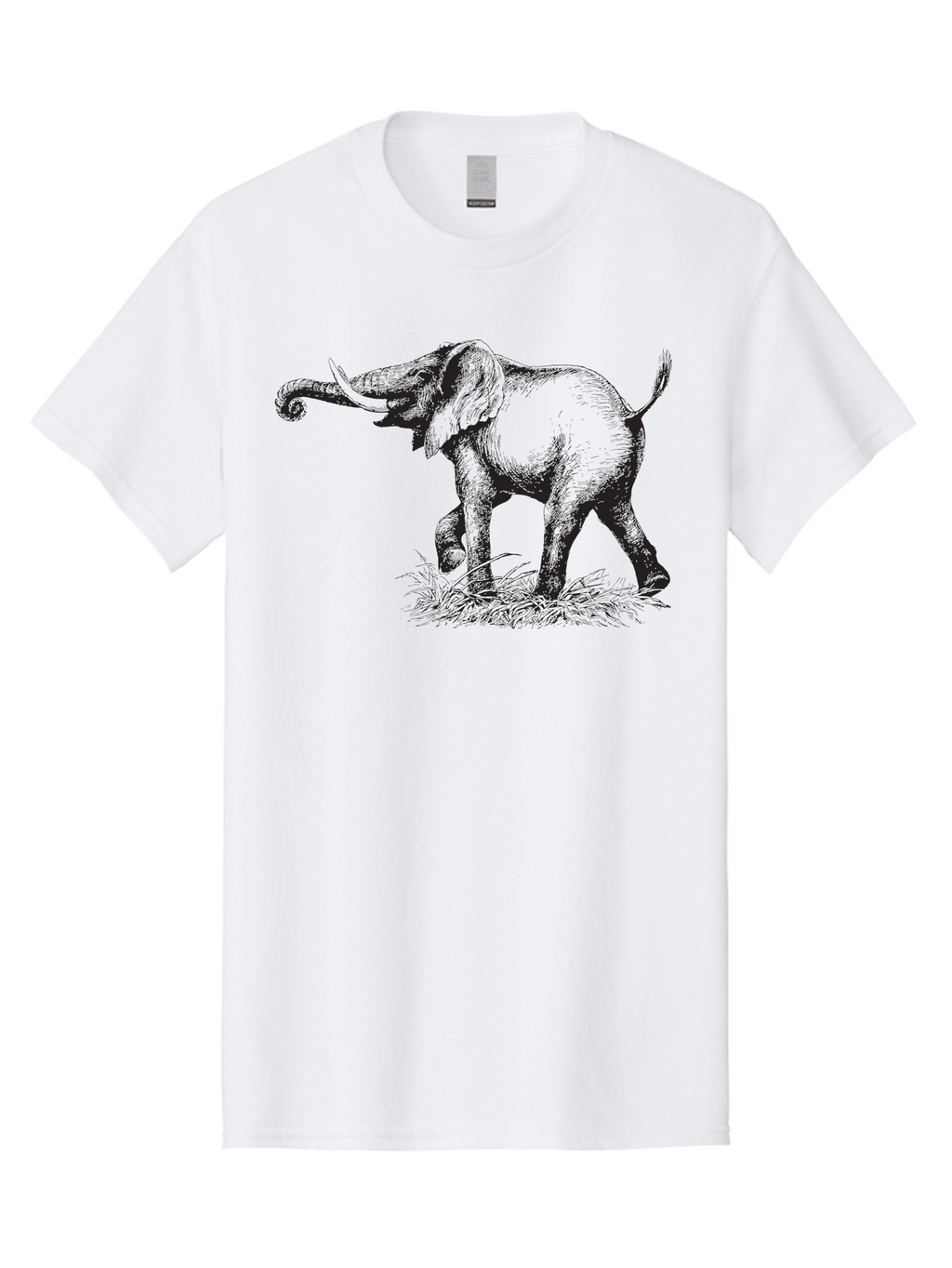 Elephant-1 Men'S Graphic Tee, 100% Cotton, Comfortable Casual Summer Wear, Machine Washable, Elephant Illustration, Vintage Engraving, Wildlife Art, Wild Animal, Elephant Species, Mammal Portrait, Tusker, Trunk Curled, Detailed Drawing, Aad877