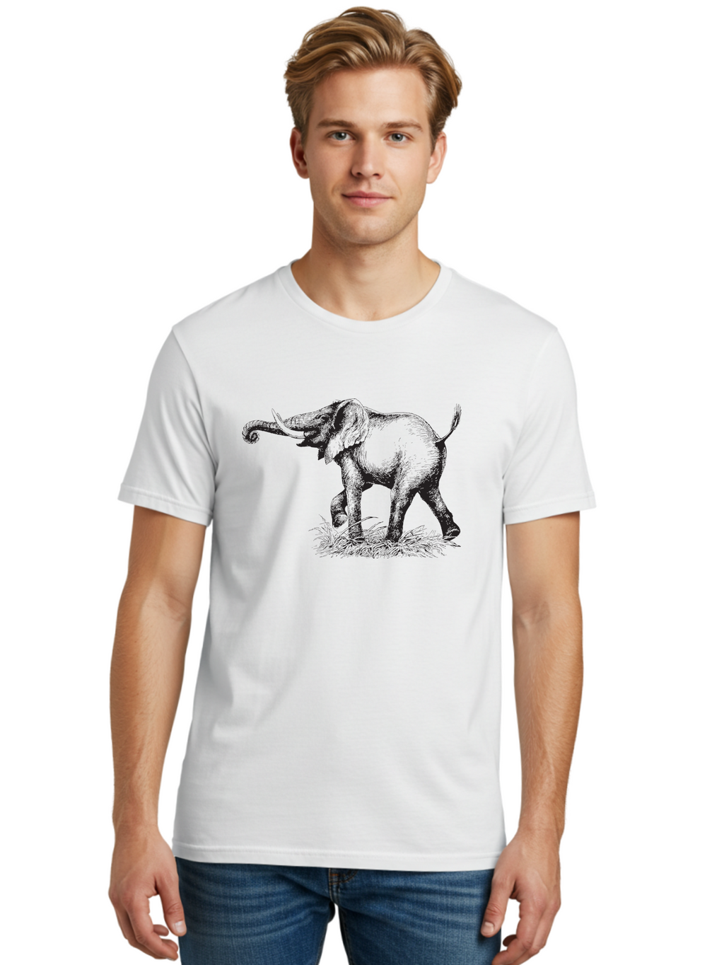 Elephant-1 Men'S Graphic Tee, 100% Cotton, Comfortable Casual Summer Wear, Machine Washable, Elephant Illustration, Vintage Engraving, Wildlife Art, Wild Animal, Elephant Species, Mammal Portrait, Tusker, Trunk Curled, Detailed Drawing, Aad877