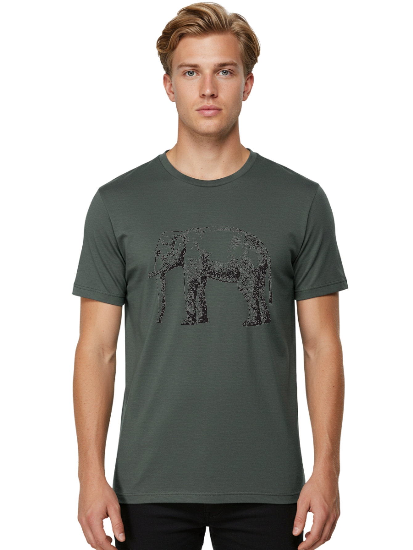 Elephant-2 Men'S Graphic Tee, 100% Cotton, Comfortable Casual Summer Wear, Machine Washable, Elephant Illustration, Wildlife Art, Black And White Drawing, Detailed Shading, Large Mammal, Trunk And Tusks, Wildlife Conservation Aad878