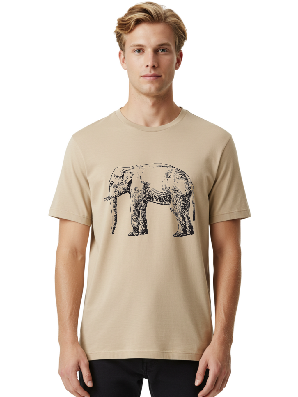 Elephant-2 Men'S Graphic Tee, 100% Cotton, Comfortable Casual Summer Wear, Machine Washable, Elephant Illustration, Wildlife Art, Black And White Drawing, Detailed Shading, Large Mammal, Trunk And Tusks, Wildlife Conservation Aad878