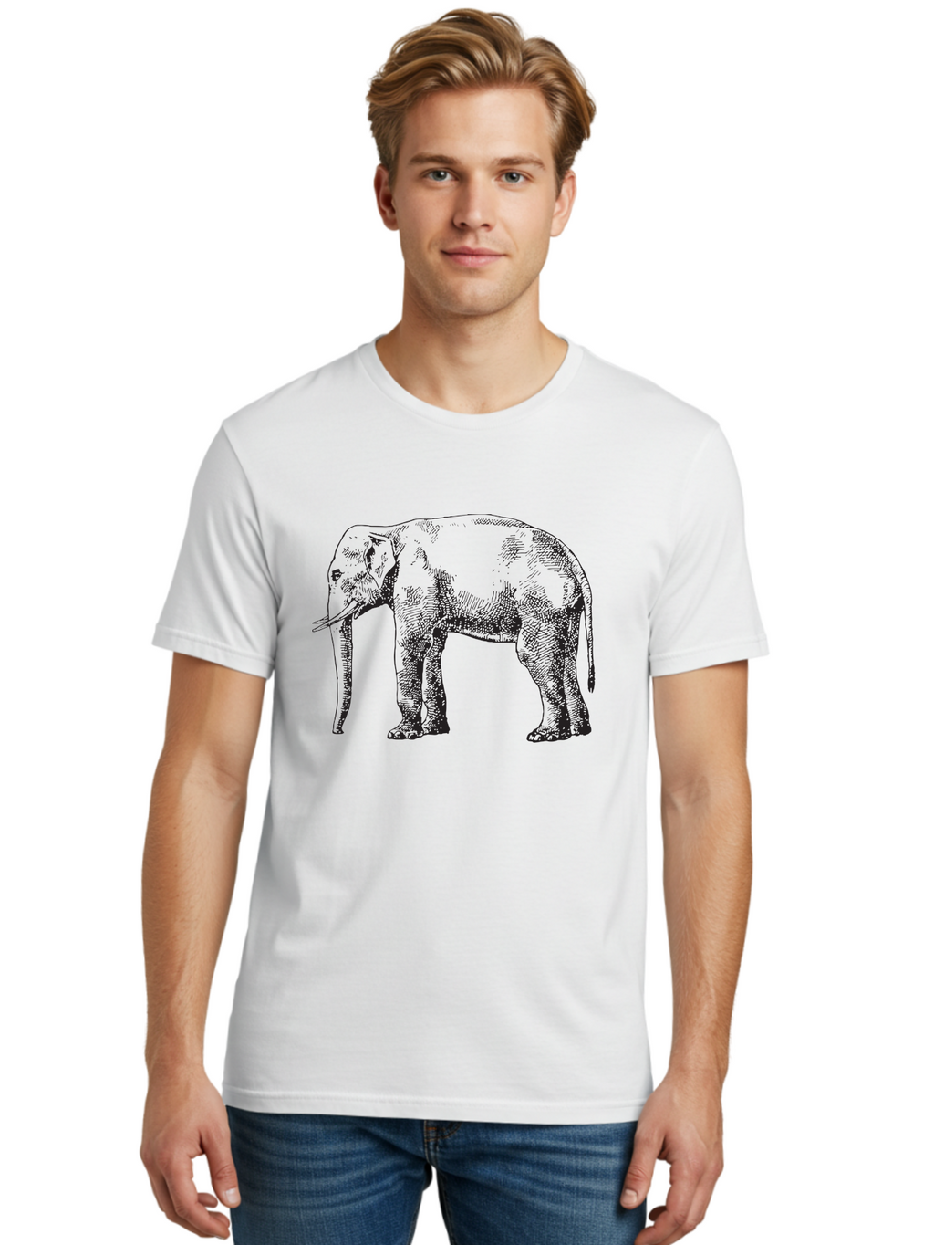 Elephant-2 Men'S Graphic Tee, 100% Cotton, Comfortable Casual Summer Wear, Machine Washable, Elephant Illustration, Wildlife Art, Black And White Drawing, Detailed Shading, Large Mammal, Trunk And Tusks, Wildlife Conservation Aad878