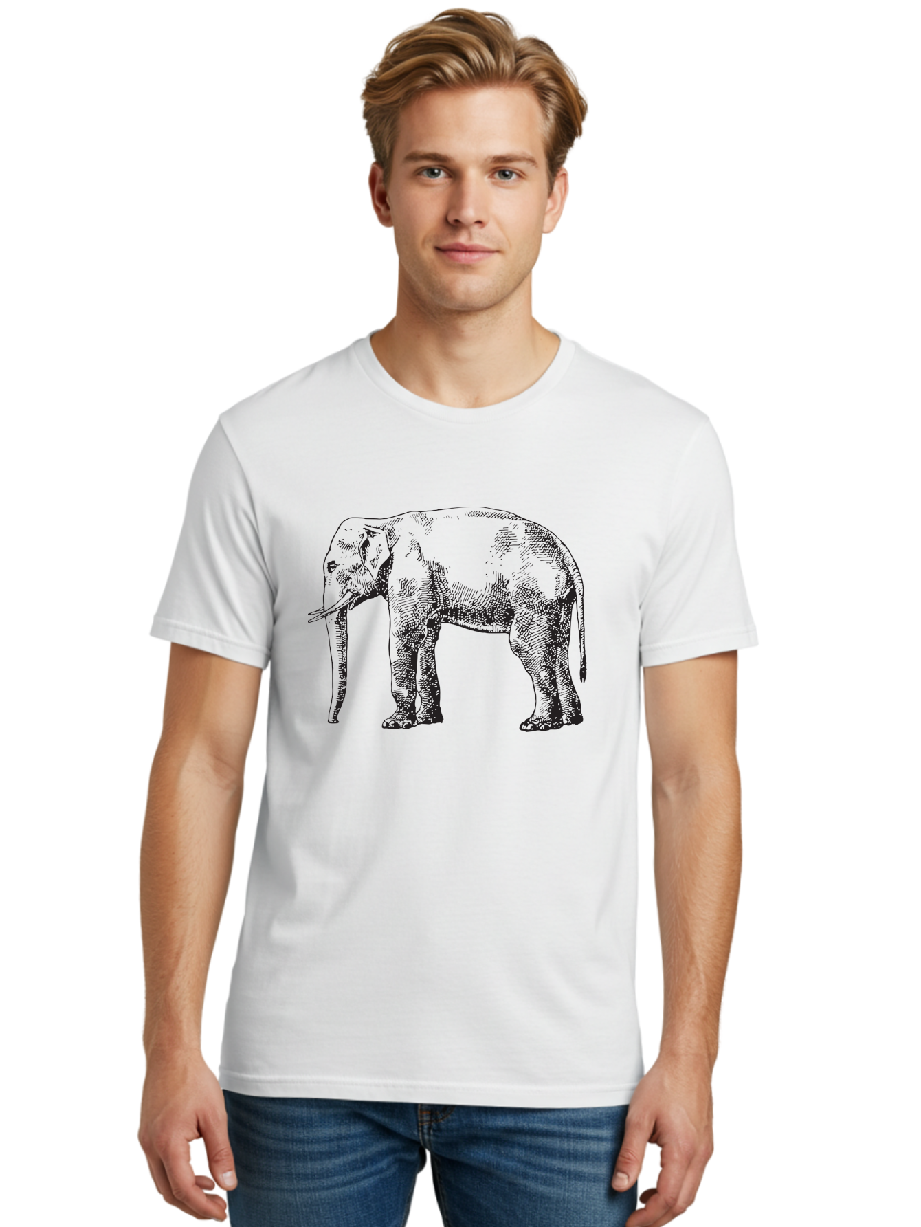 Elephant-2 Men'S Graphic Tee, 100% Cotton, Comfortable Casual Summer Wear, Machine Washable, Elephant Illustration, Wildlife Art, Black And White Drawing, Detailed Shading, Large Mammal, Trunk And Tusks, Wildlife Conservation Aad878