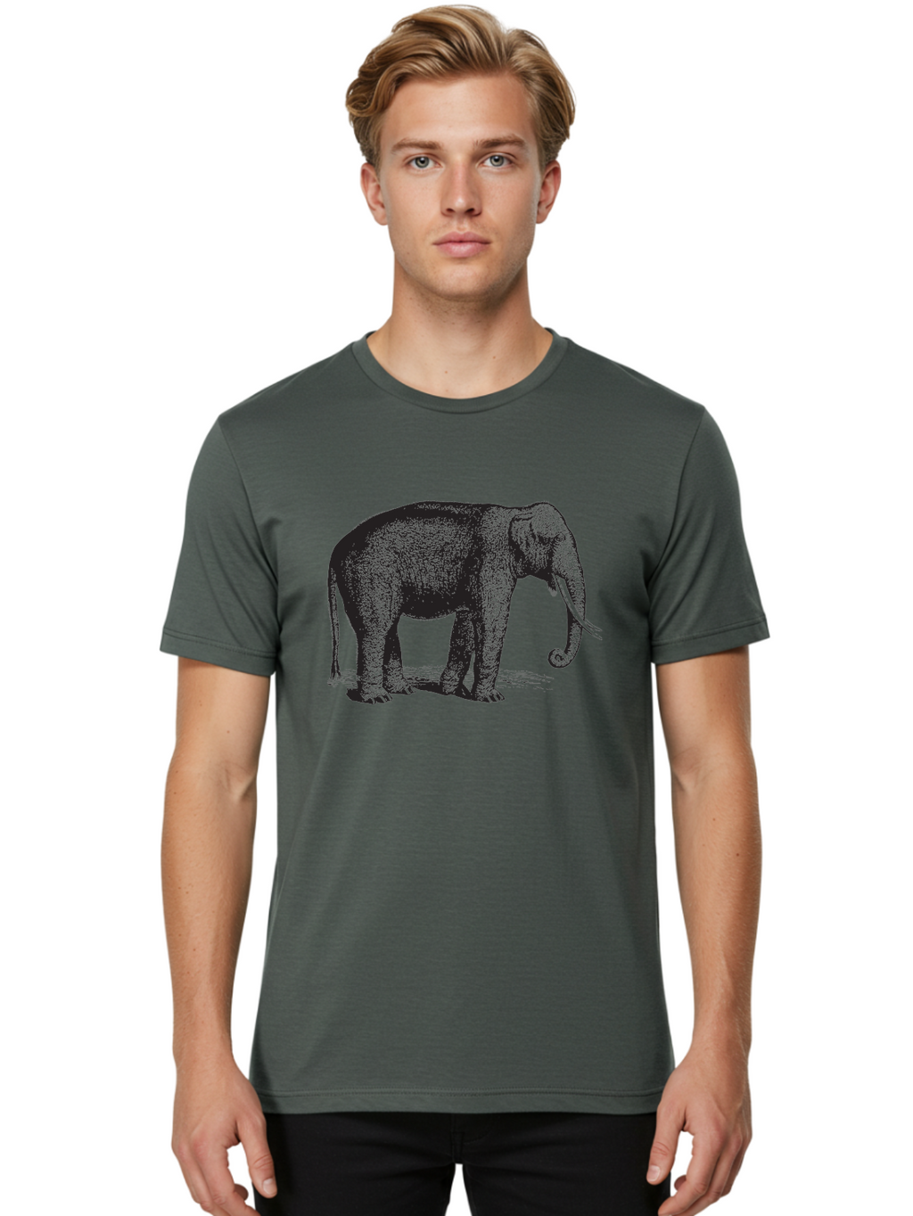 Elephant-Illustration Men'S Graphic Tee, 100% Cotton, Comfortable Casual Summer Wear, Machine Washable, Large Elephant, Wild Animal, Detailed Illustration, Cross-Hatching Technique, Long Trunk, Tusks, Wildlife Art, Realistic Drawing, Aad879