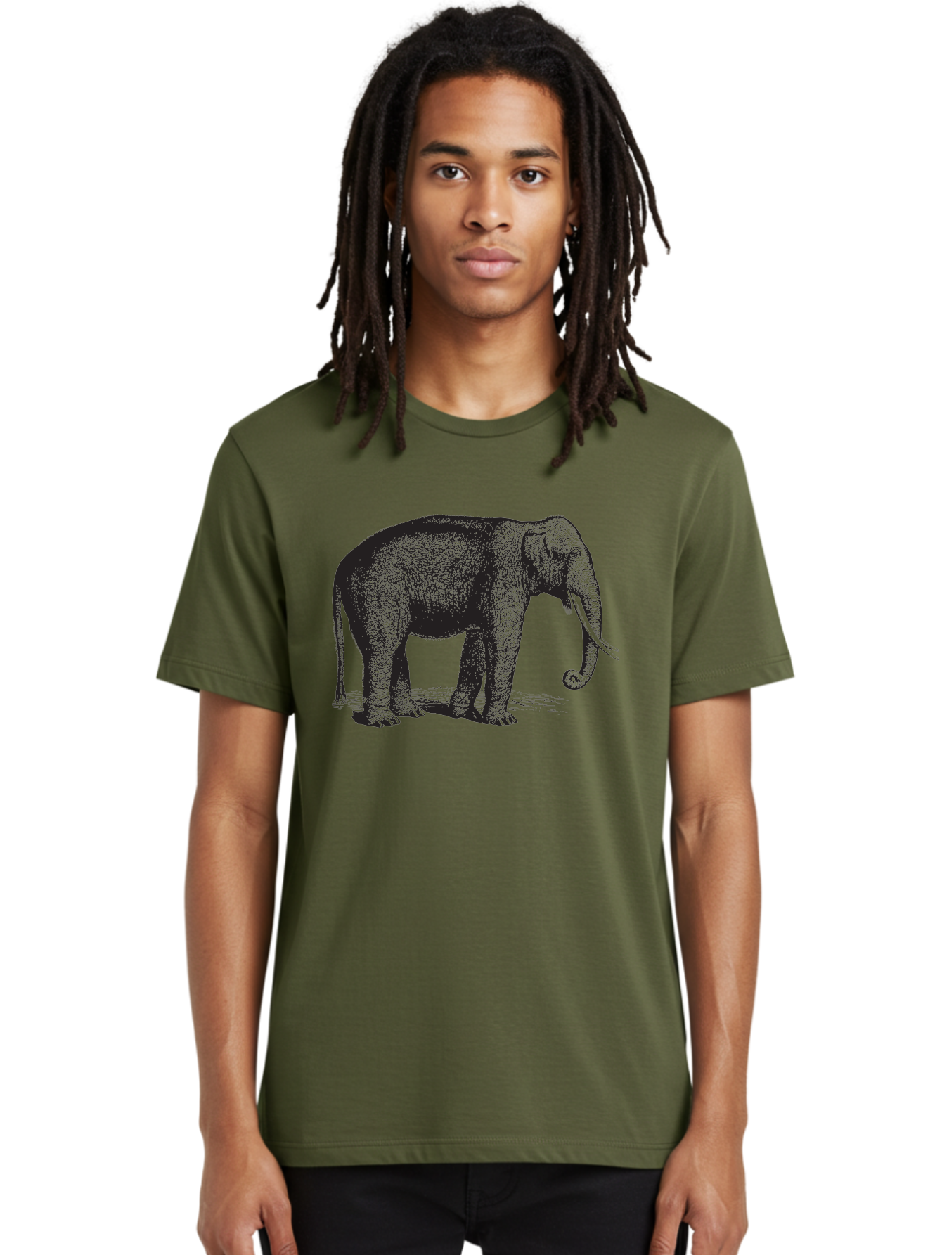 Elephant-Illustration Men'S Graphic Tee, 100% Cotton, Comfortable Casual Summer Wear, Machine Washable, Large Elephant, Wild Animal, Detailed Illustration, Cross-Hatching Technique, Long Trunk, Tusks, Wildlife Art, Realistic Drawing, Aad879