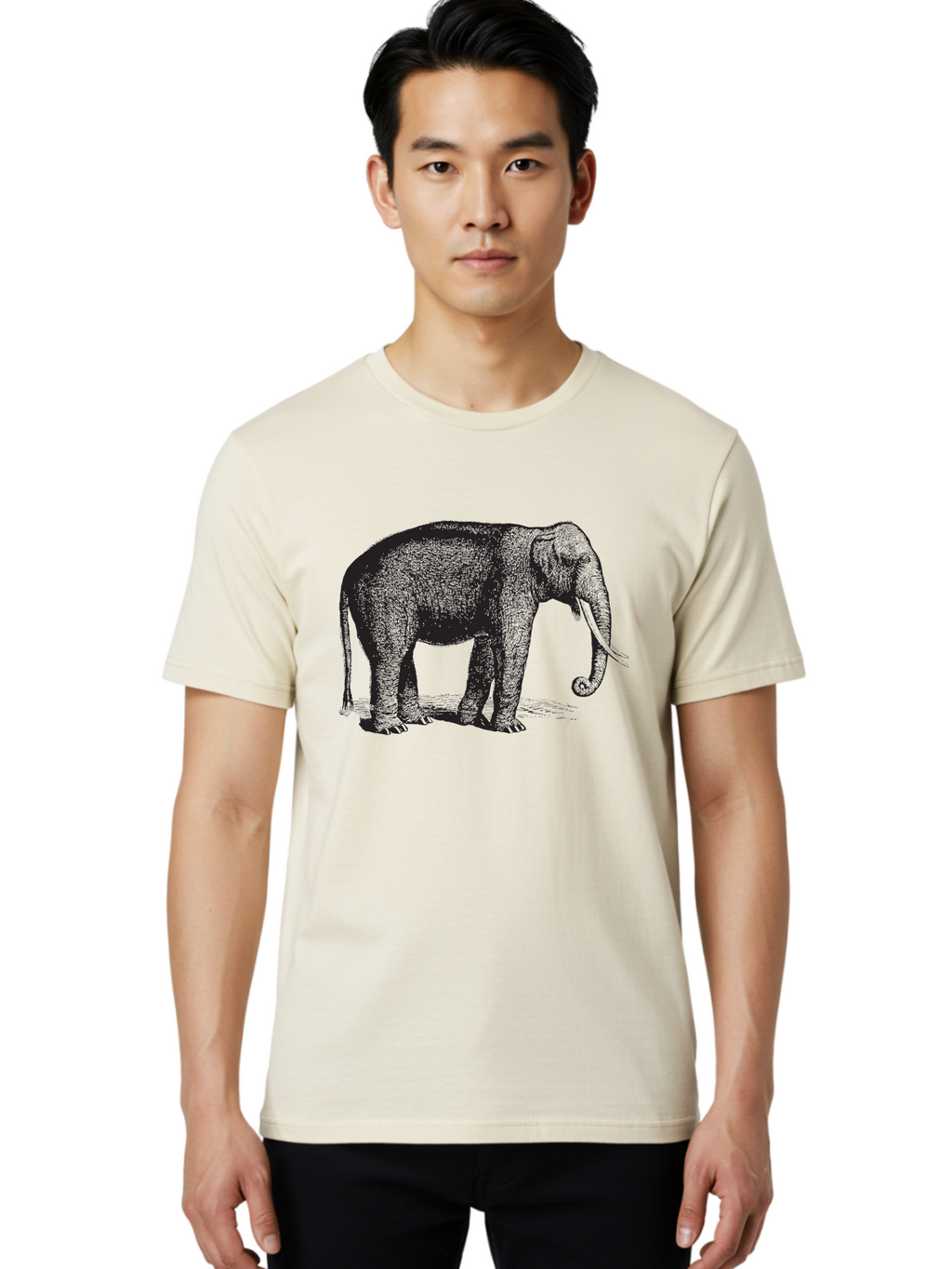 Elephant-Illustration Men'S Graphic Tee, 100% Cotton, Comfortable Casual Summer Wear, Machine Washable, Large Elephant, Wild Animal, Detailed Illustration, Cross-Hatching Technique, Long Trunk, Tusks, Wildlife Art, Realistic Drawing, Aad879