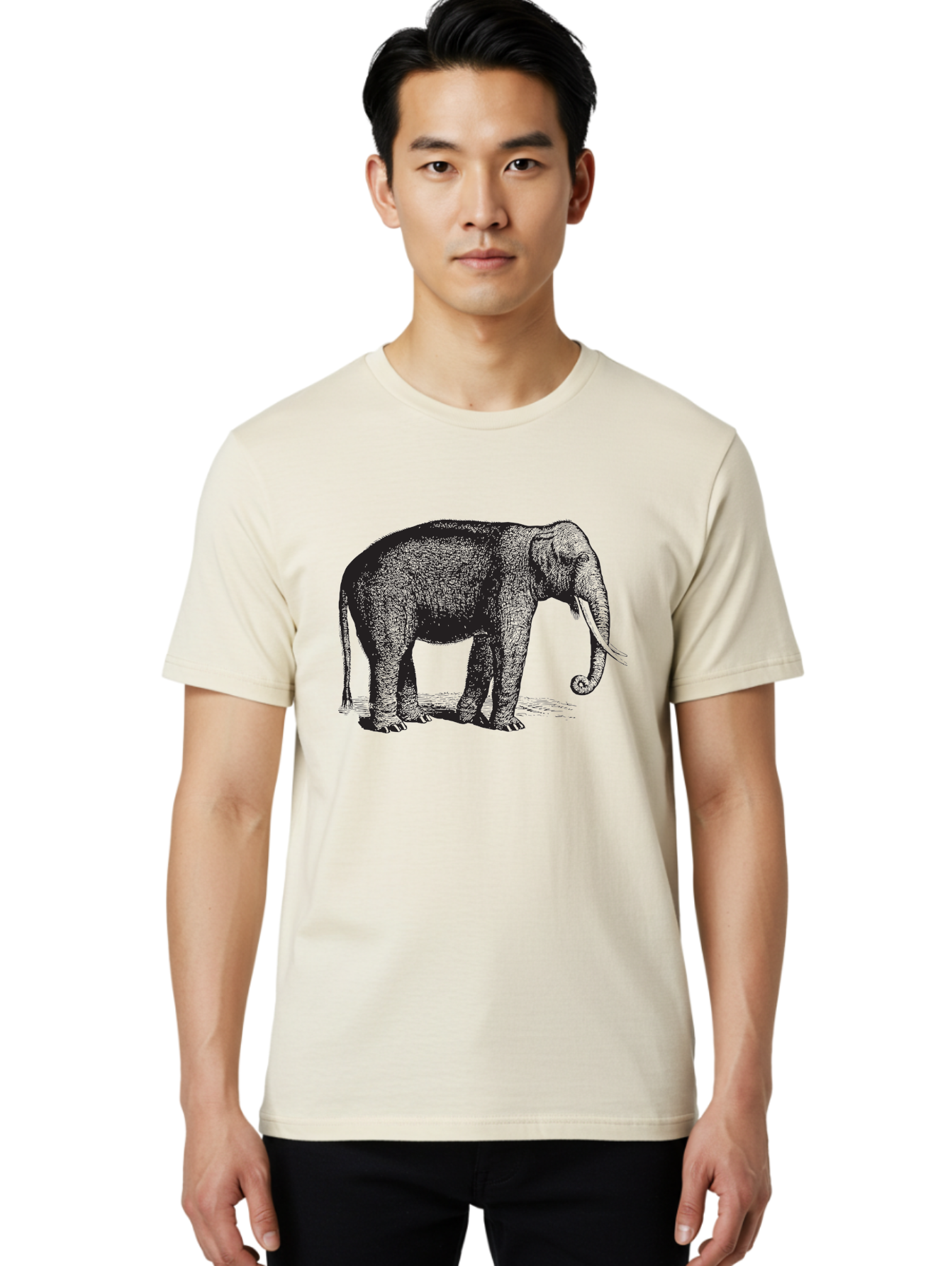 Elephant-Illustration Men'S Graphic Tee, 100% Cotton, Comfortable Casual Summer Wear, Machine Washable, Large Elephant, Wild Animal, Detailed Illustration, Cross-Hatching Technique, Long Trunk, Tusks, Wildlife Art, Realistic Drawing, Aad879