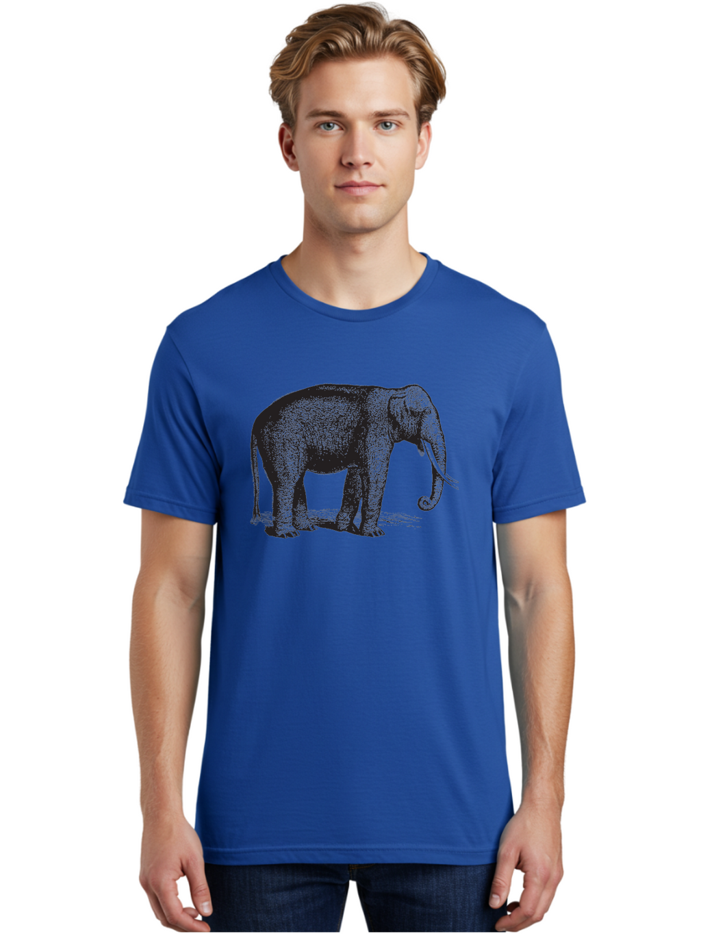 Elephant-Illustration Men'S Graphic Tee, 100% Cotton, Comfortable Casual Summer Wear, Machine Washable, Large Elephant, Wild Animal, Detailed Illustration, Cross-Hatching Technique, Long Trunk, Tusks, Wildlife Art, Realistic Drawing, Aad879