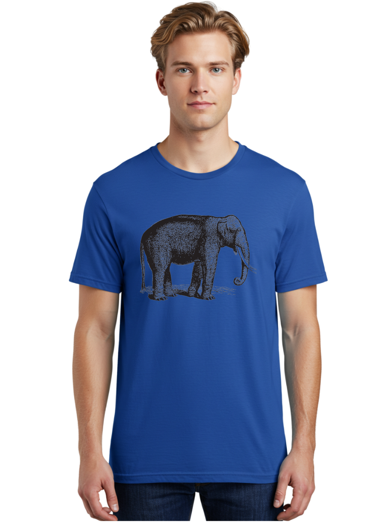 Elephant-Illustration Men'S Graphic Tee, 100% Cotton, Comfortable Casual Summer Wear, Machine Washable, Large Elephant, Wild Animal, Detailed Illustration, Cross-Hatching Technique, Long Trunk, Tusks, Wildlife Art, Realistic Drawing, Aad879