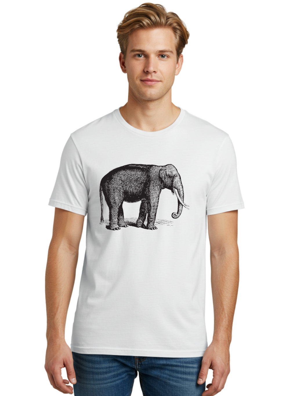 Elephant-Illustration Men'S Graphic Tee, 100% Cotton, Comfortable Casual Summer Wear, Machine Washable, Large Elephant, Wild Animal, Detailed Illustration, Cross-Hatching Technique, Long Trunk, Tusks, Wildlife Art, Realistic Drawing, Aad879
