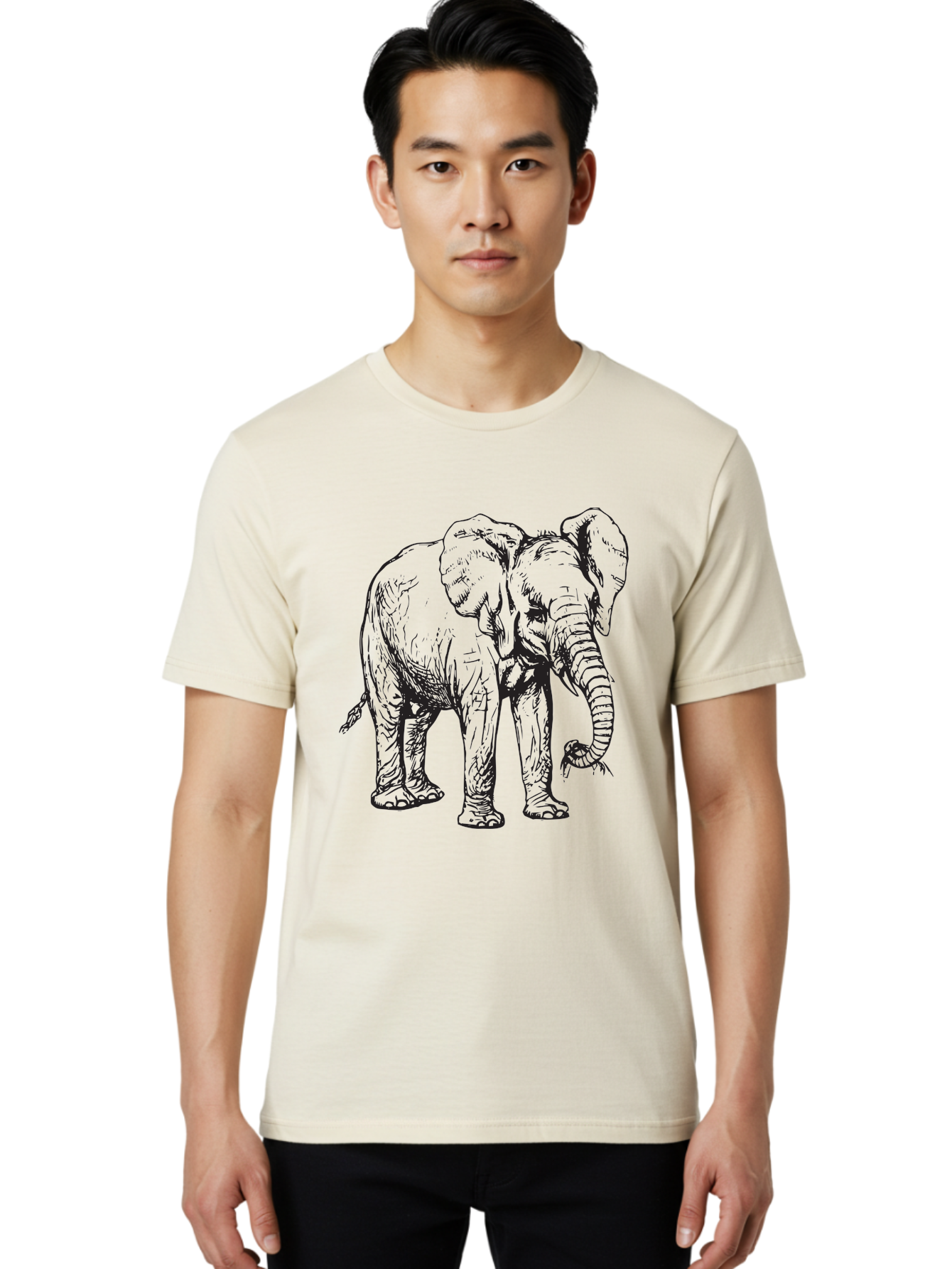 Elephant Men'S Graphic Tee, 100% Cotton, Comfortable Casual Summer Wear, Machine Washable, Black And White Elephant Illustration, Elephant Artwork, Wildlife Graphics, Elephant Design, Detailed Drawing, Cartoon Style Aad880