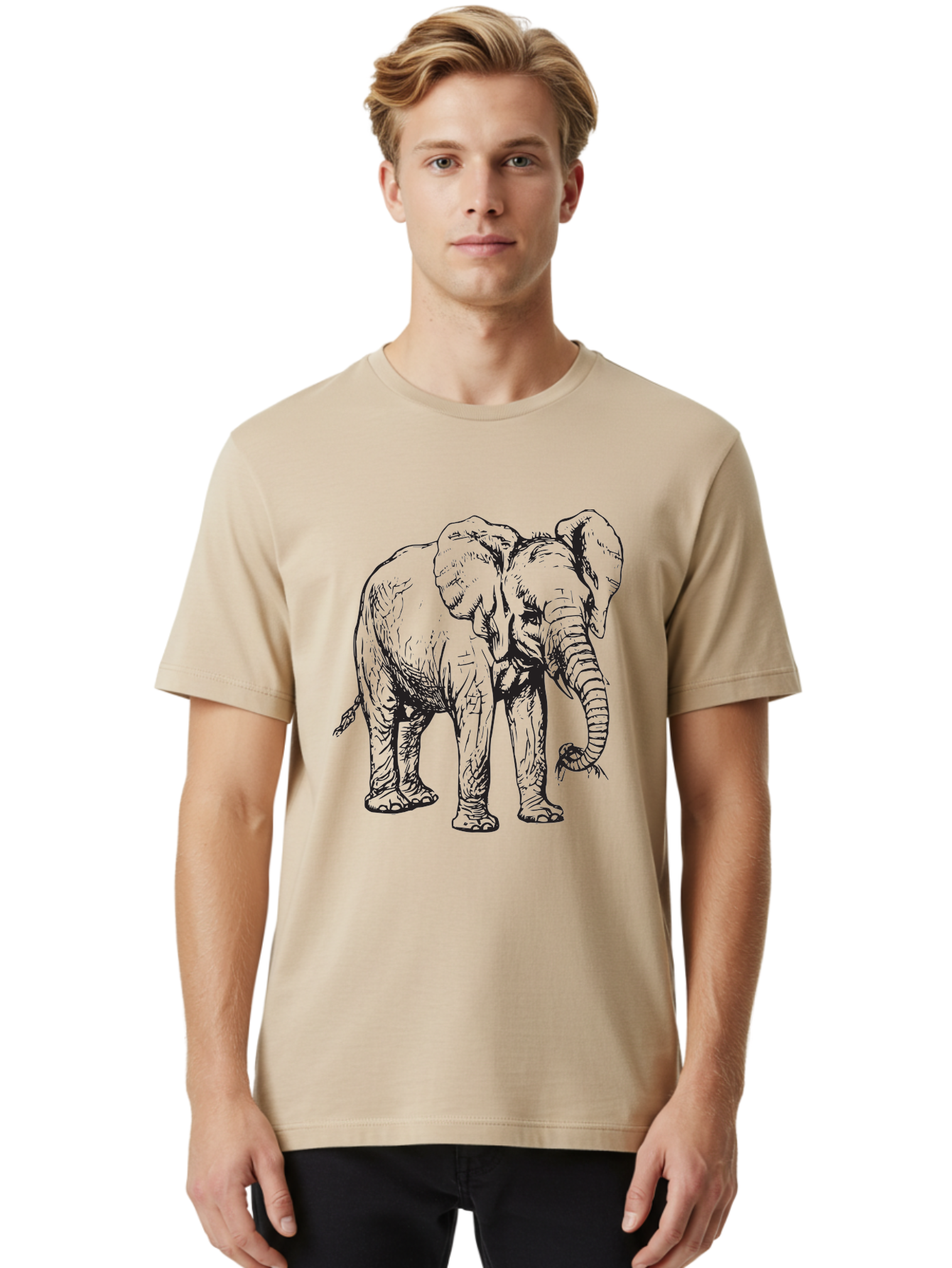Elephant Men'S Graphic Tee, 100% Cotton, Comfortable Casual Summer Wear, Machine Washable, Black And White Elephant Illustration, Elephant Artwork, Wildlife Graphics, Elephant Design, Detailed Drawing, Cartoon Style Aad880